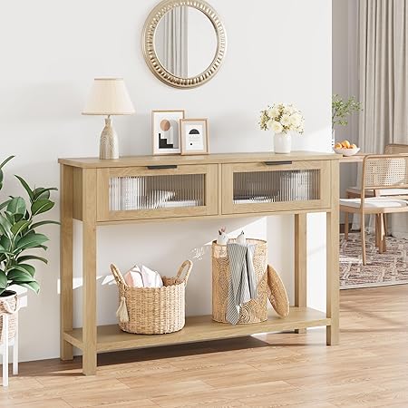 GAOMON Entryway Table, Wood Console Table with 2 Glass Drawers, 2 Tier Sofa Table with Storage for Living Room, Foyer Tables for Entryway-Burlywood