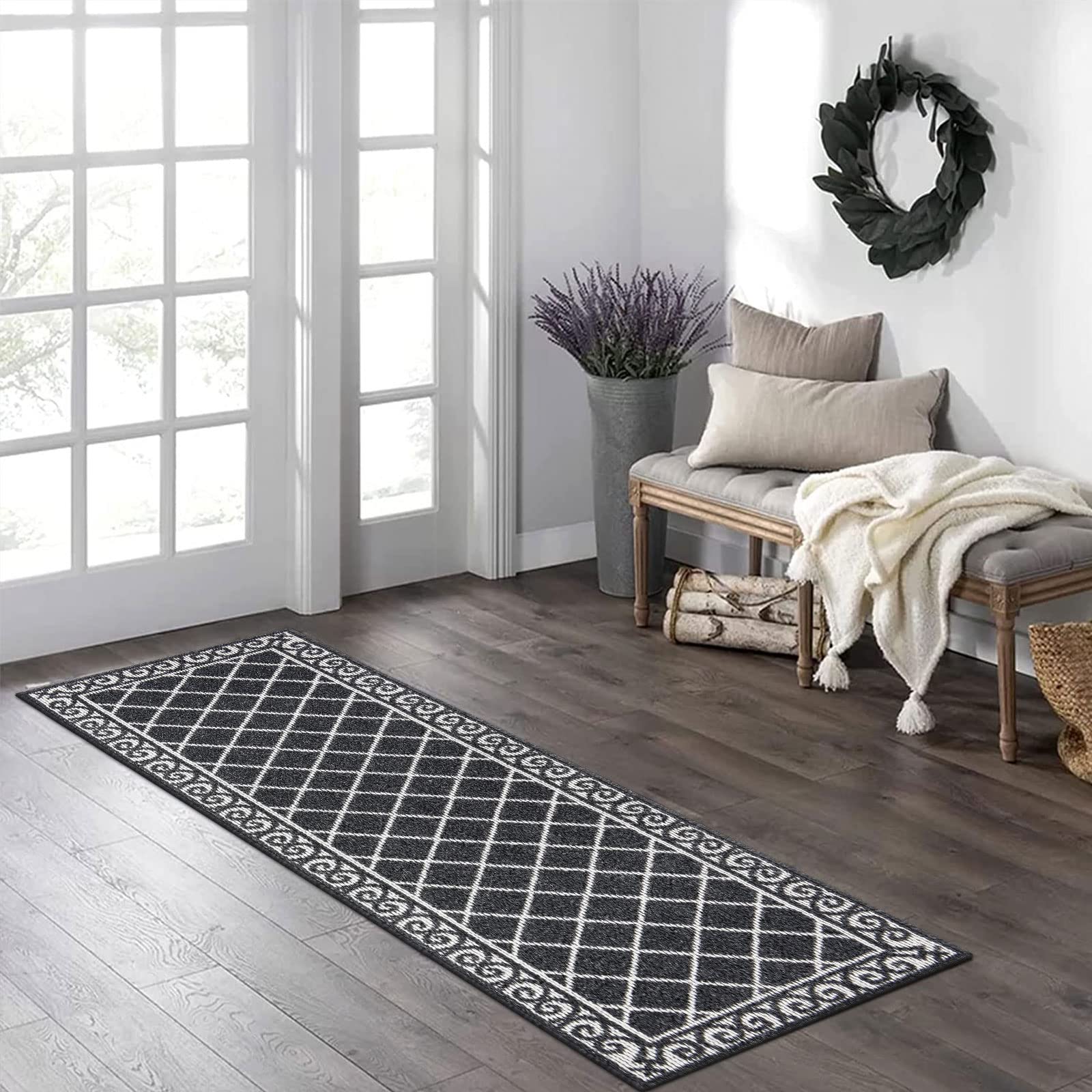 TopotdorMoroccan Geometric Textured Runner Rug,Kitchen Rugs Non-Slip Absorbent Machine Washable Durable Runner for Hallway Living room Laundry Room High Traffic Areas (Black, 2'x6')