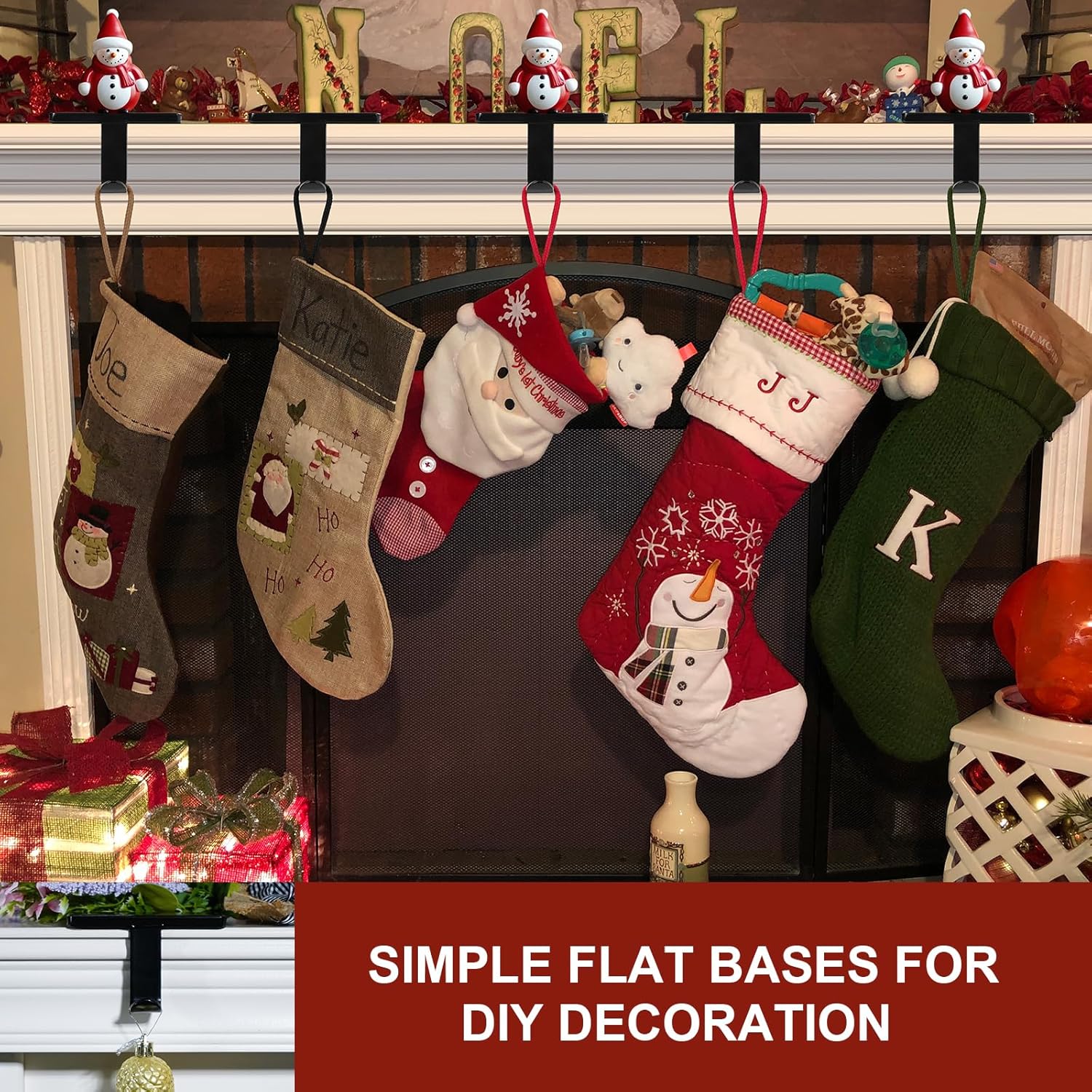 Christmas Stocking Holders for Mantle Set of 6, Stocking Hangers for Mantel Weighted, Heavy Duty, Flat, for Garland, Fireplace, Wall (Black)