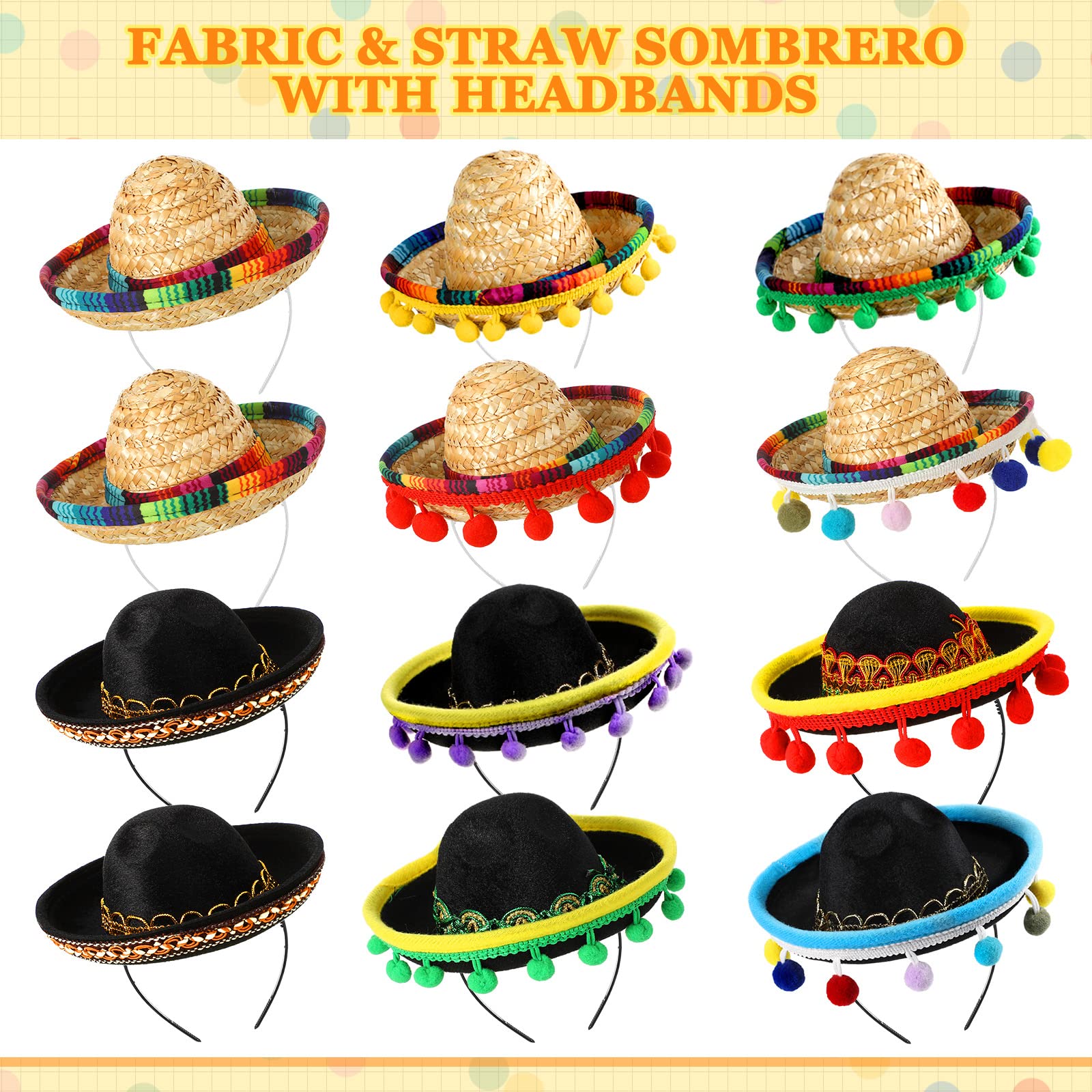 Yunsailing 36 Pcs Fiesta Party Supplies Fabric Straw Sombrero Headbands Necklaces Eyeglasses for Mexican Party(Vivid Style)
