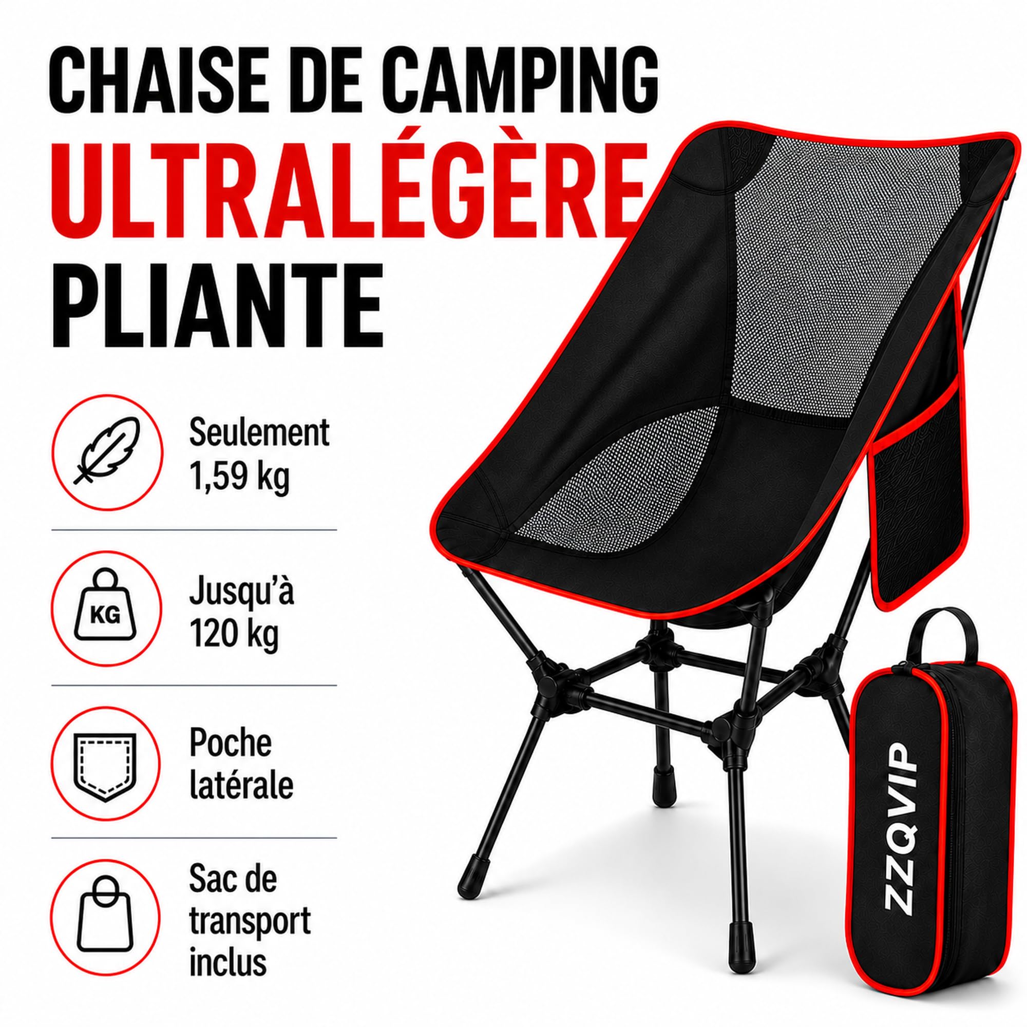 Fauteuil de Camping Léger et Pliable avec Poche Latérale et Sac de Transport – Chaise Pliante Extérieure Confortable en Tissu Oxford, Jusqu’à 120 kg, pour Randonnée, Pêche, Plage, Festival