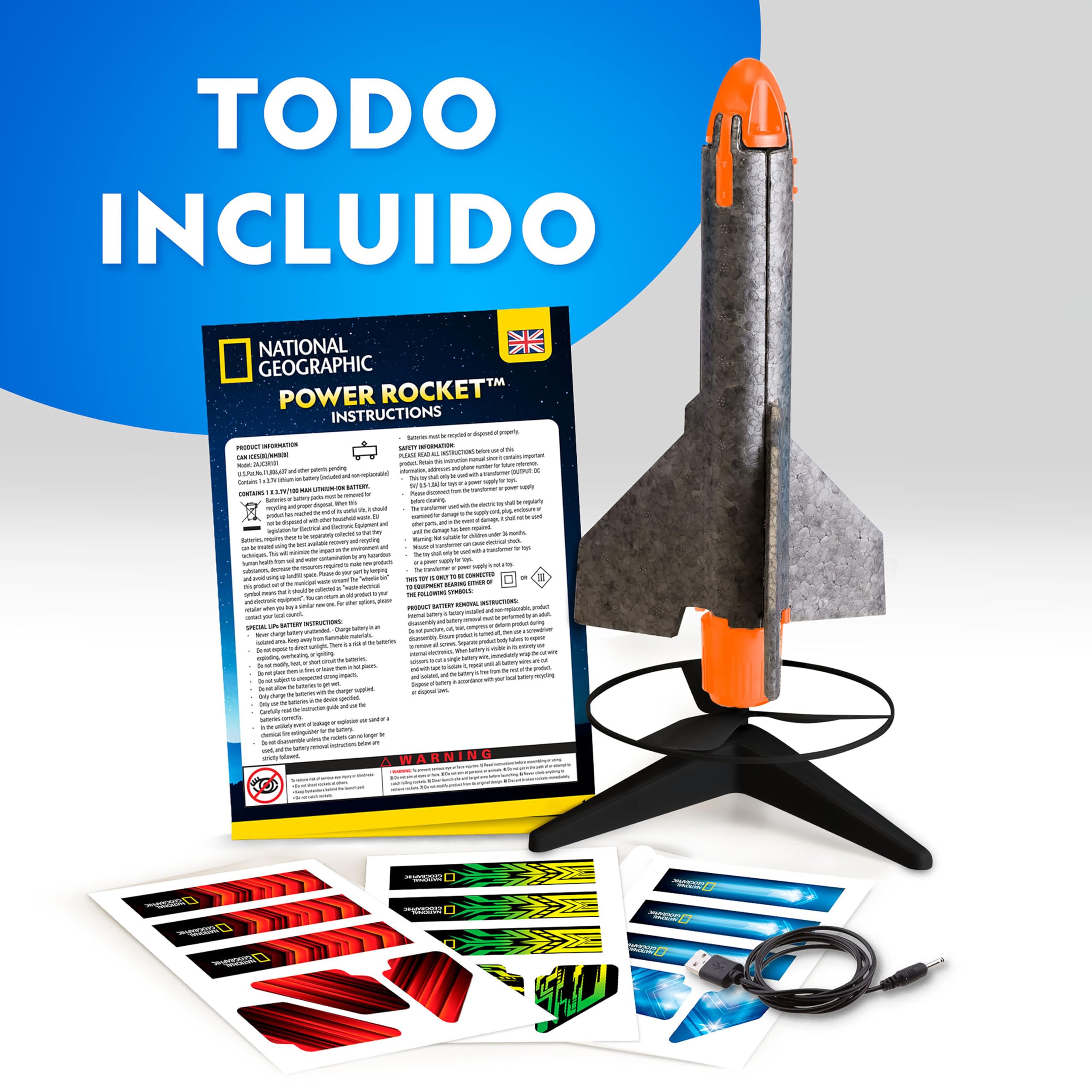 National Geographic Power Rocket para Niños y Niñas – Cohete Motorizado con Base de Lanzamiento, Alcanza hasta 60 Metros, Juguete Recargable con Aterrizaje Seguro, Juguete de Exterior para Niños