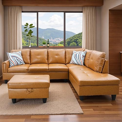 Sectional Couches for Living Room with Movable Chaise & Storage Ottoman - 97.5" Leather L Shaped Couches for Living Room Apartment, 4 Seat Home Furniture Modular Sectional Sofas, Orange