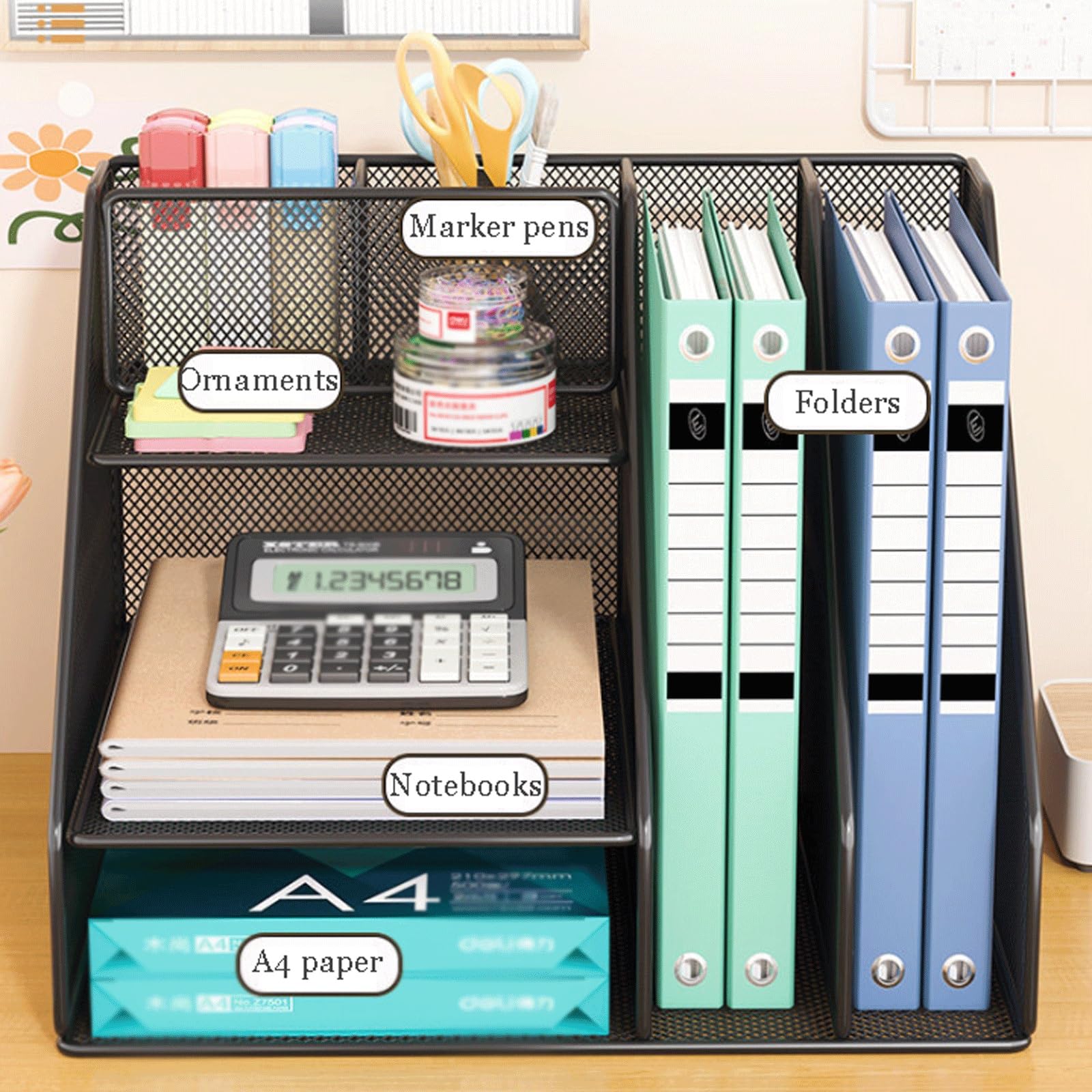 Organizer Scrivania con 3 ripiani, Metallo Rete Porta Documenti da Scrivania, Porta Cancelleria, Portadocumenti da Scrivanias per Casa Ufficio(Black)