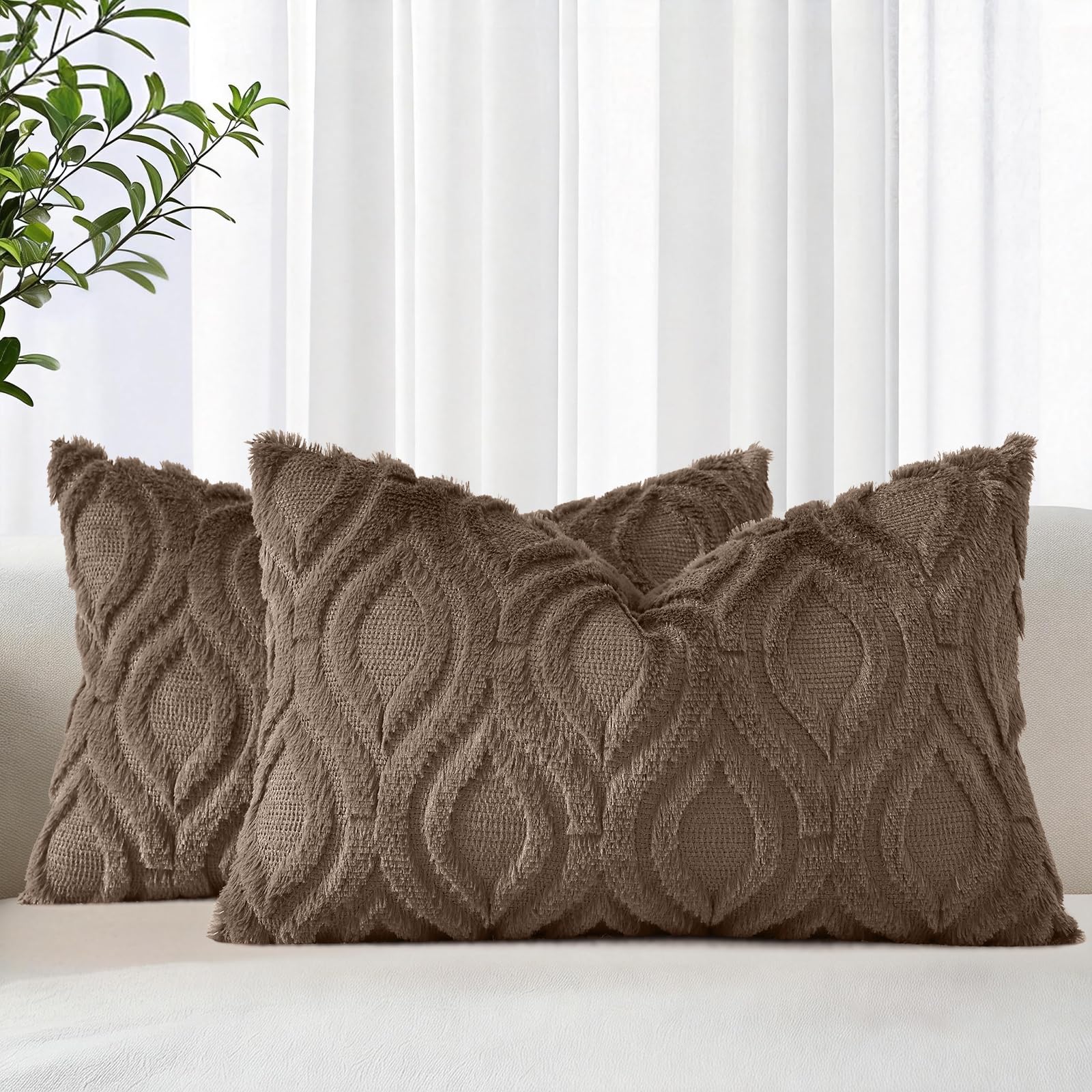 decorUhome Faux Fur Plush Soft Brown Throw Pillow Covers 12x20 Set of 2