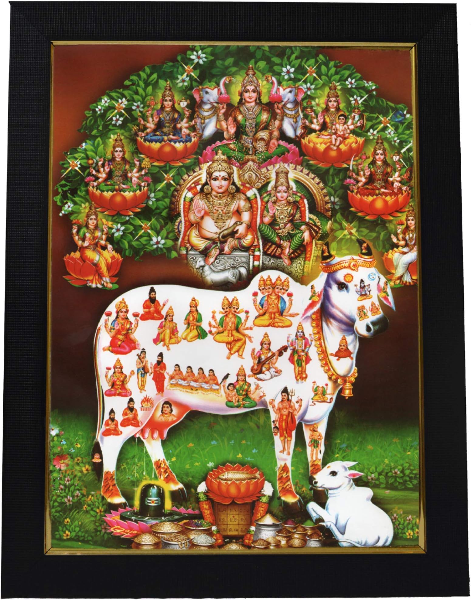 101 Temples - Divinity Eternity Spirituality Lakshmi Kubera Kamadenu God Photo Frame for Pooja Room with Wall Hook, 1 Piece | 10” x 13”, Matt Finish