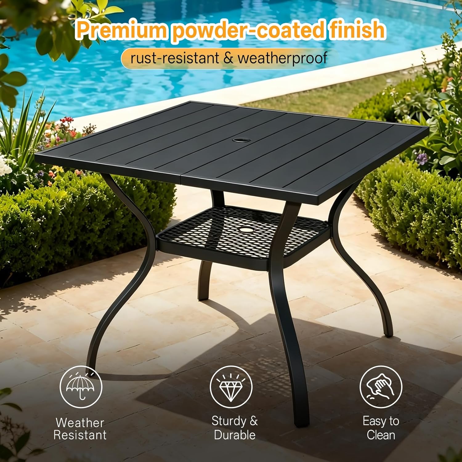 bigget 37.8" Square Outdoor Patio Dining Table for 4, All Weather Black Outdoor Dining Table with Storage Mesh Shelf & Umbrella Hole, Heavy Duty Wrought Iron Patio Coffee Table for Garden, Lawn, Deck
