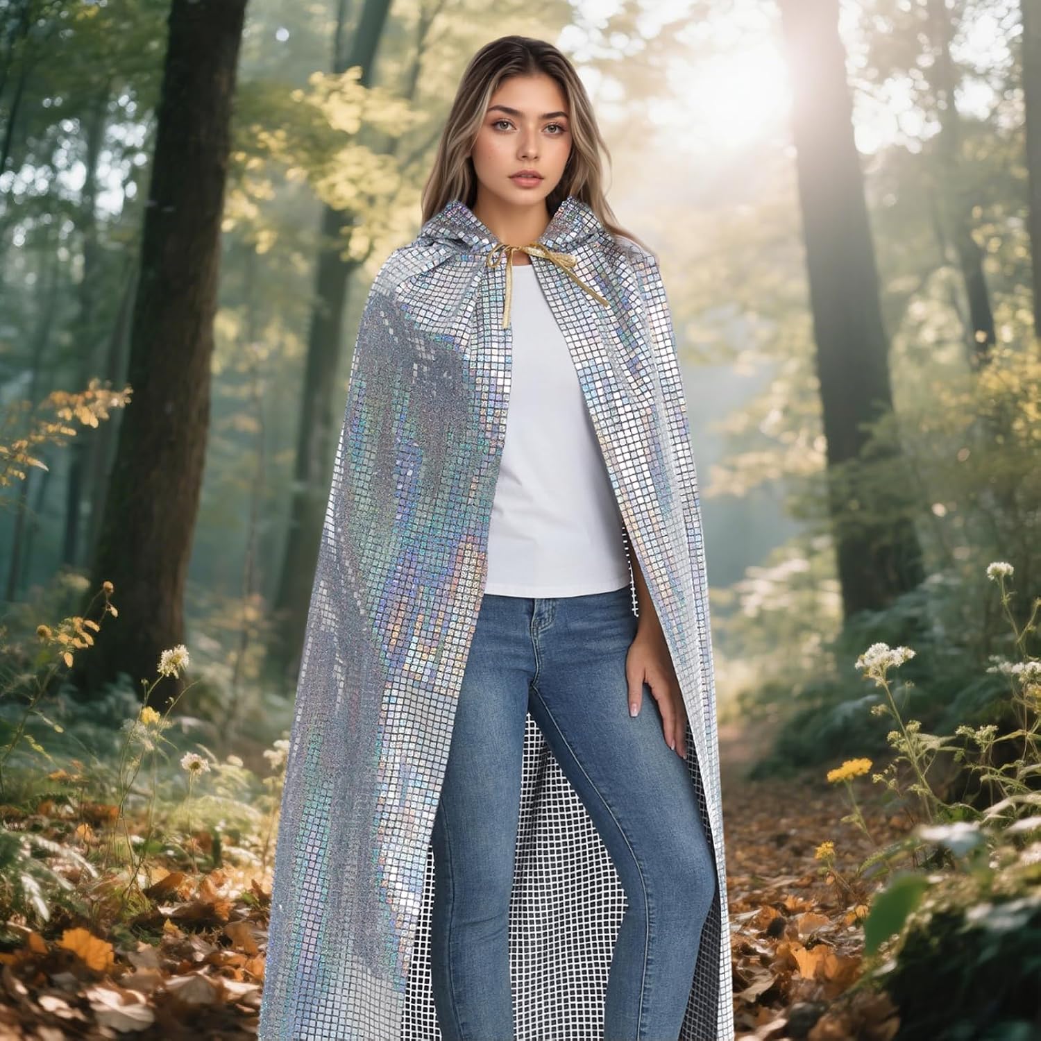 yolsun Shiny Hooded Cloak Adult Full Length Laser Robe Cape for Women Men Mardi Gras Halloween Fancy Cloak