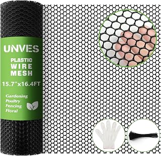 Unves Plastic Chicken Wire Mesh 15.7" x 16.4ft Hexagonal Fence for Poultry, Rabbits, Dogs, Garden Netting Barrier with Straps & Gloves