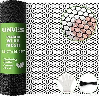 Unves Chicken Wire Plastic Mesh, 15.7IN x 16.4FT Fencing for Poultry Floral Dogs Rabbit Pets Barrier Netting, 0.35" Mesh Hexagonal Plastic Fence Roll, Black