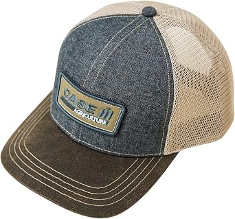 Case IH Trucker Cap, Denim with Oil Cloth Brim Hat Logo Patch, Mesh Back, Officially Licensed, Brown/Denim, One Size-X-Large