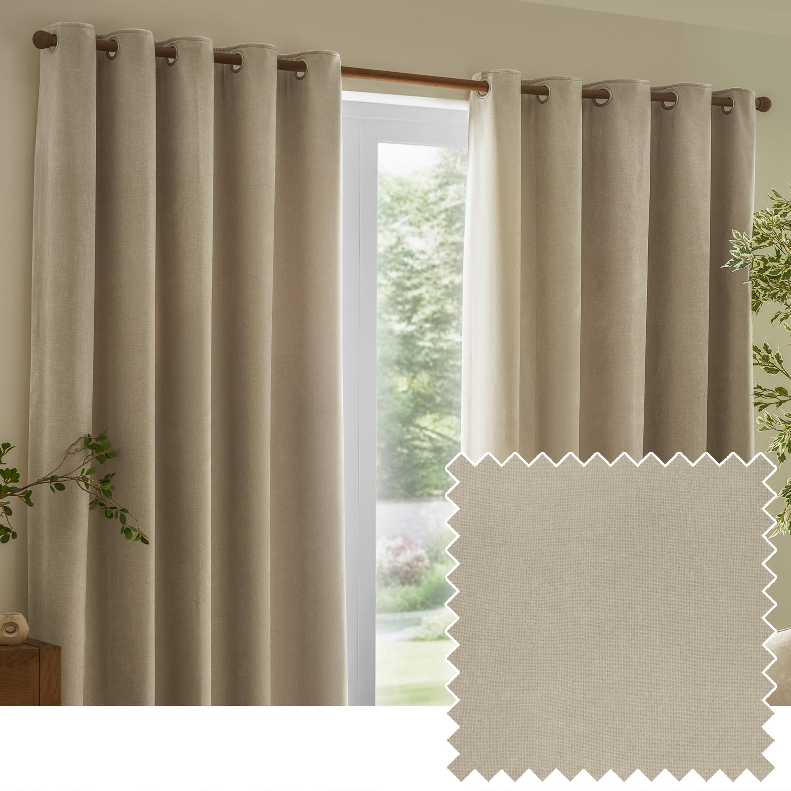 Yard Heavy Chenille Eyelet Curtain Pair – Lined Room Darkening Soft Velvet Curtains (Linen – Width 229 x Drop 137cm)