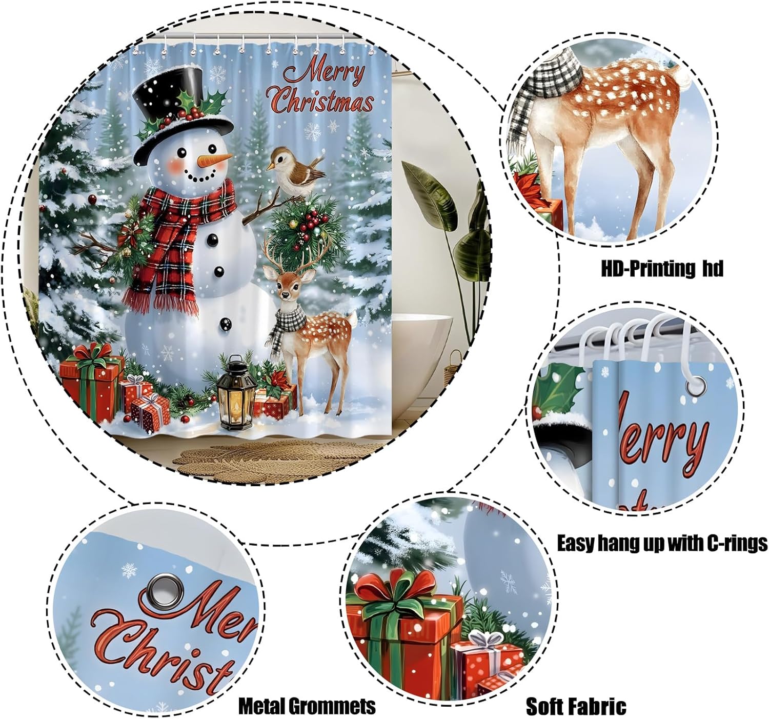 Christmas Snowman Shower Curtain Winter Forest Cute Snowman Deer Elk Pine Tree Snowflake Funny Merry Christmas 70" Wx96 H Bathroom Decor Curtain with Hooks