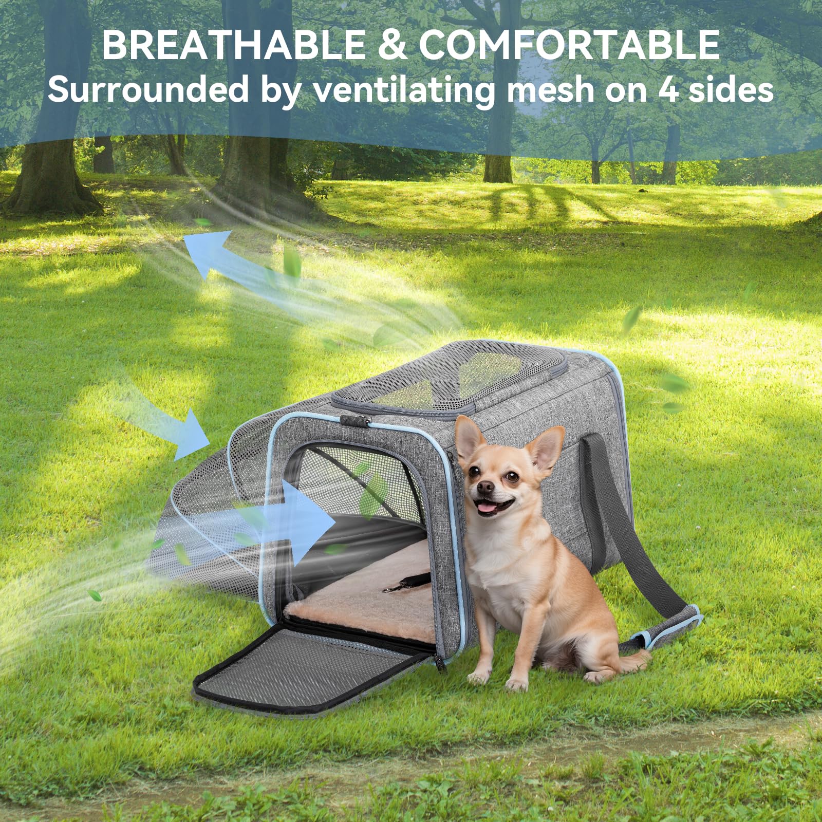 Petsfit - Transportín ampliable para perros, con forro polar, apto para la mayoría de aerolíneas, equipaje de mano, suave, plegable, con bolsillos