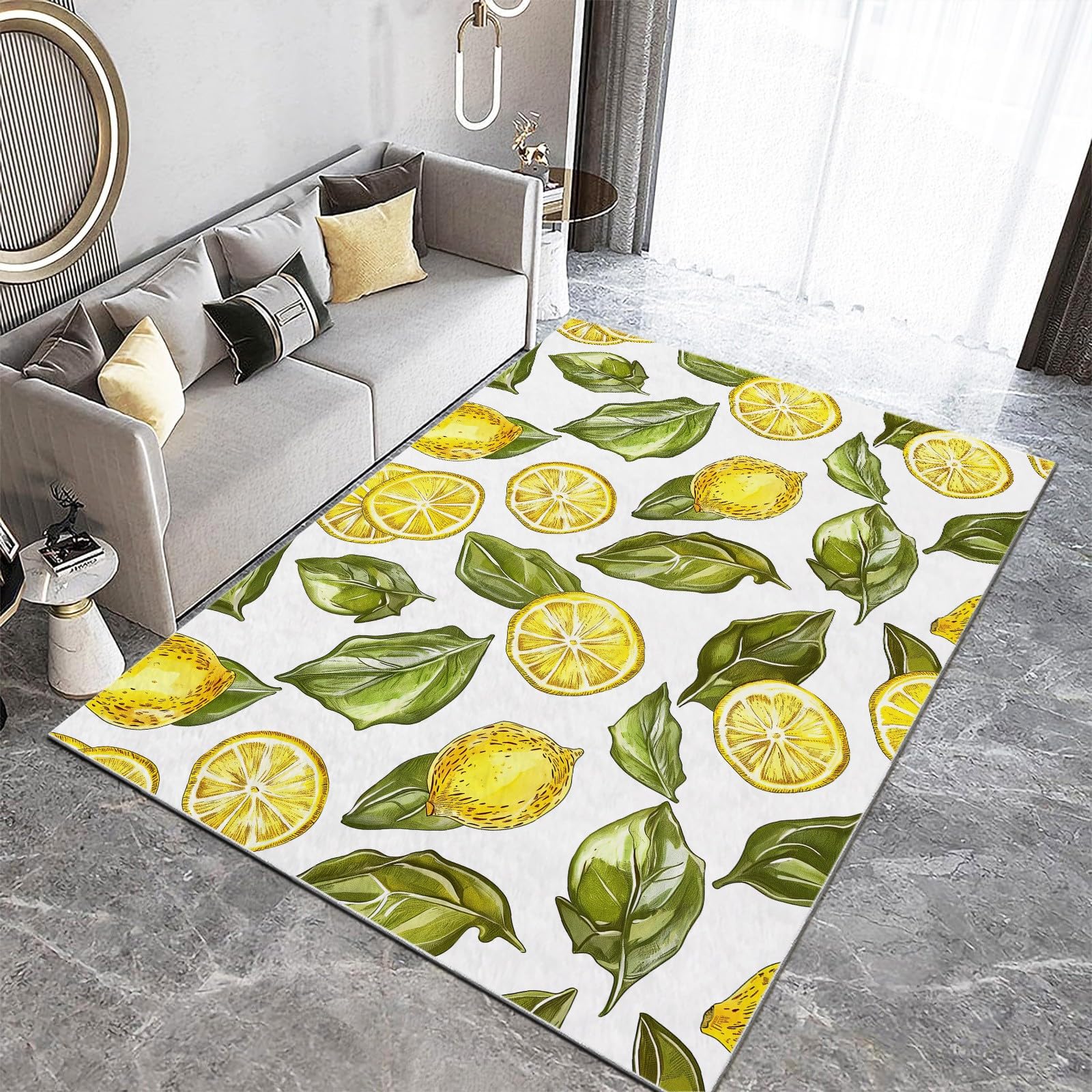 Generisch Teppich Wohnzimmer 120 x 170 cm Weiß Handgezeichneter Stil Zitronen Blätter 3D Fußmatte Jugendzimmer Esszimmer und Schlafzimmer Teppich Kurzflor Bodenmatte Extra Weich Pflegeleicht