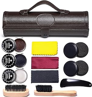 YUET Shoe Polish Kit Cleaning Shine Care Barrel Set For Brown Black Leather With Brush Travel Case Luxury Premium Soft Hor...
