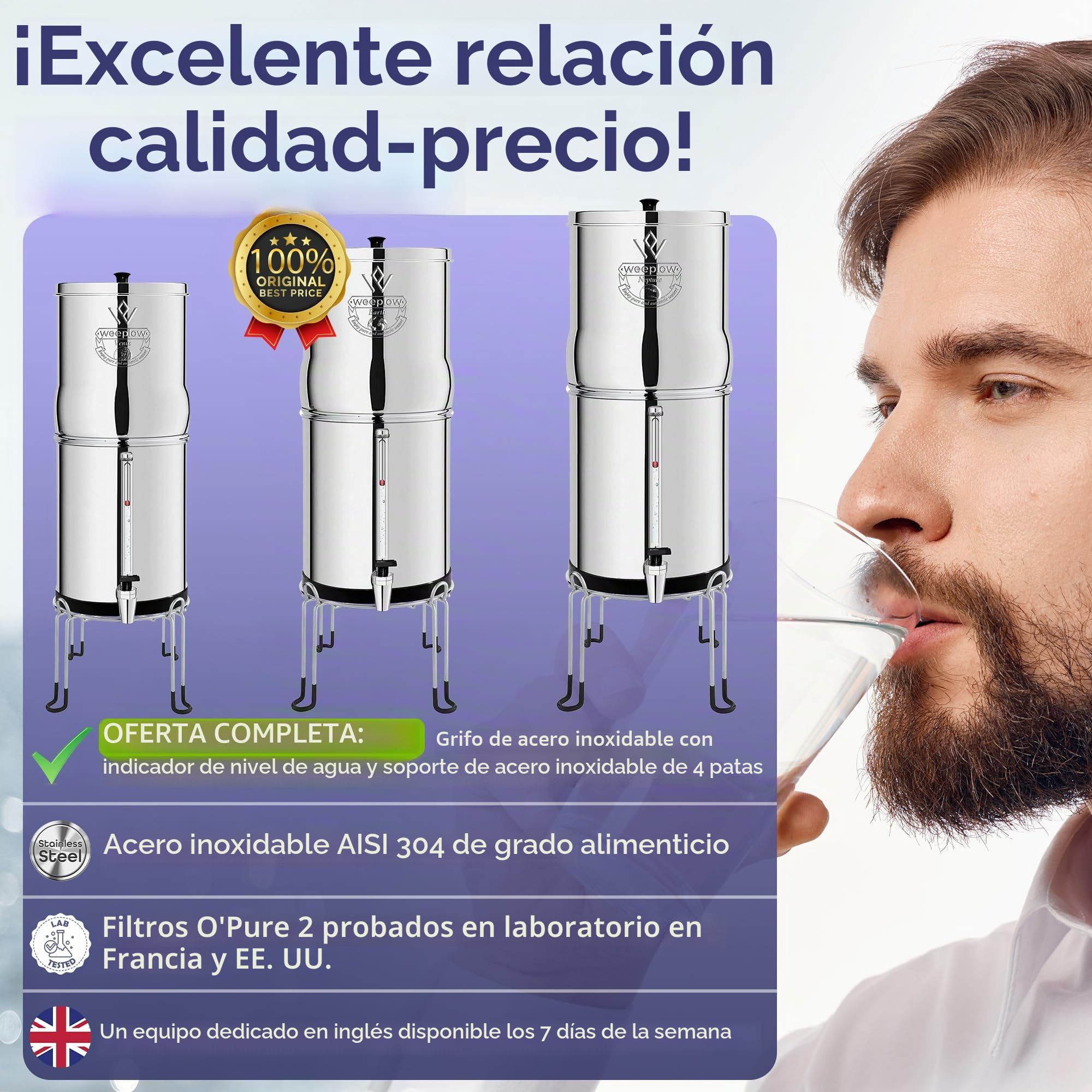 Weeplow® Earth – Sistema de filtración de agua por gravedad AISI 304 8,5 litros con 2 elementos de purificación O'Pure 2, grifo con nivel de agua y soporte de acero inoxidable