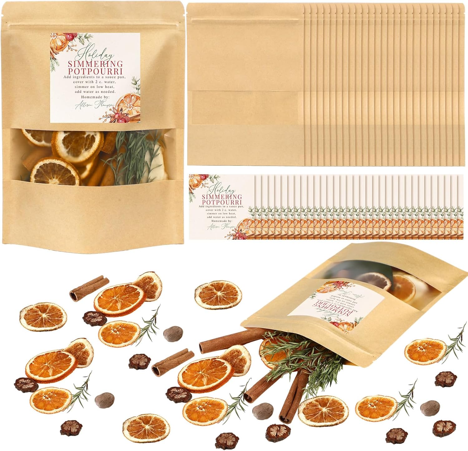 100 Pcs Christmas Potpourri Kraft Paper Bags Kit 50 Pcs Holiday Simmering Potpourri Stickers and Bakery Bags with Window Holiday Simmer DIY Crafting Gift Kit for Home Xmas Party Gift Decor