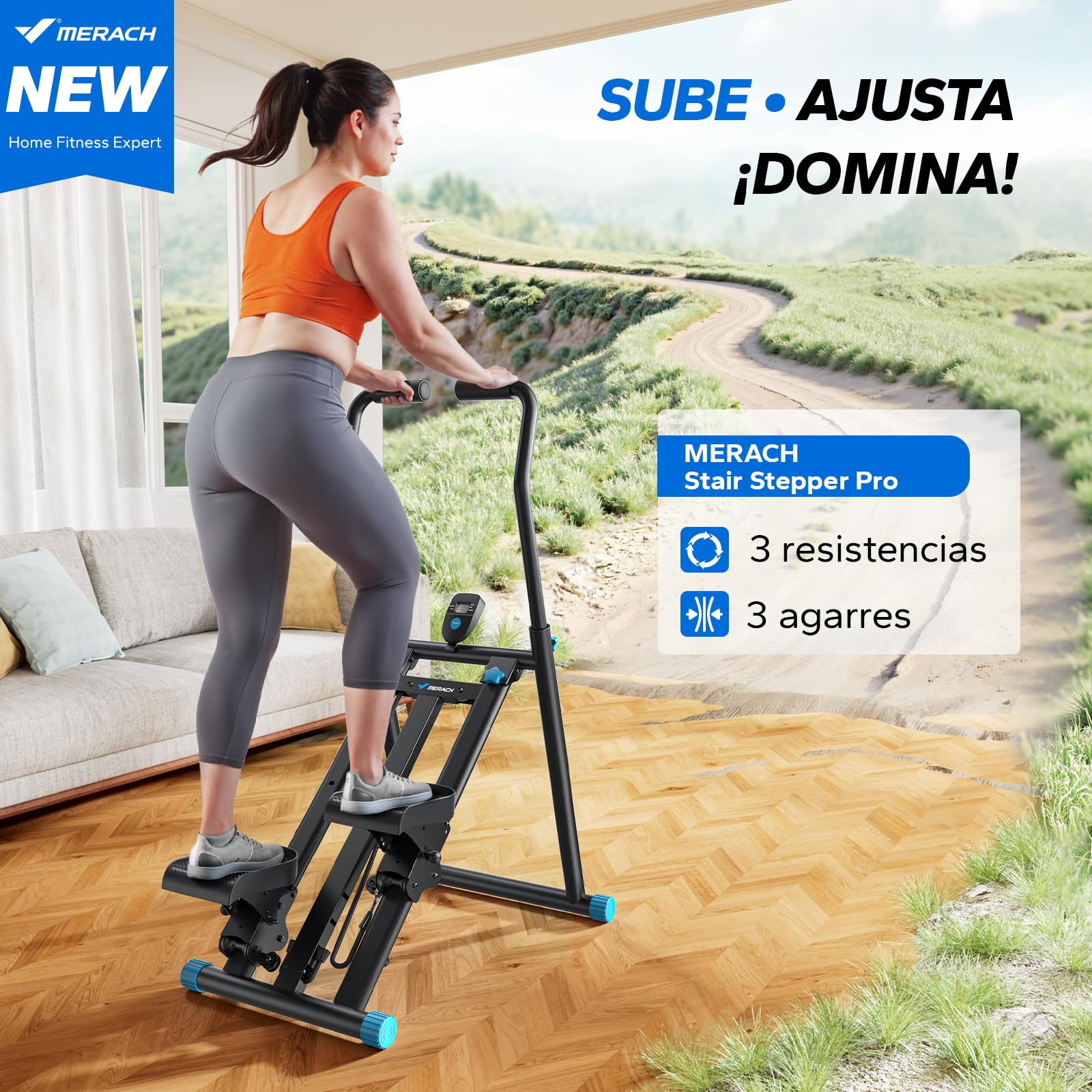 MERACH 2026 Stair Stepper Pro, Stairmaster para el hogar con Resistencia Ajustable en 3 Niveles, Plegable Cardio Vertical escaleras con Manillar Ajustable para el hogar, la Oficina o el Gimnasio