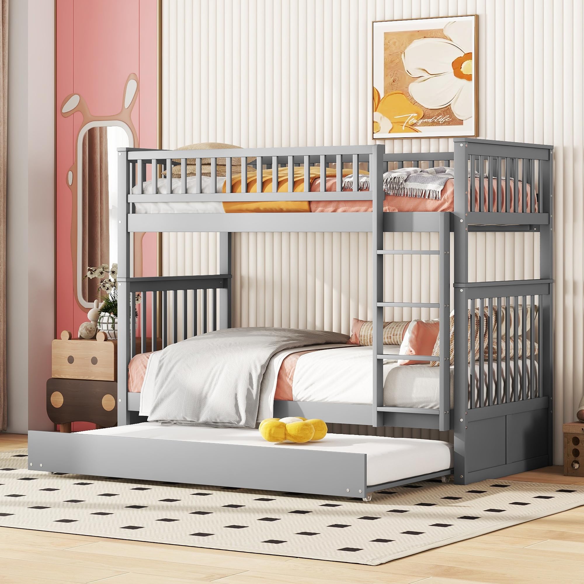 Azkoeesy Letto a castello con secondo letto estraibile, per 3 adolescenti e adulti, 90 x 200 + 90 x 190 cm, struttura letto trasformabile, Legno di pino, Grigio