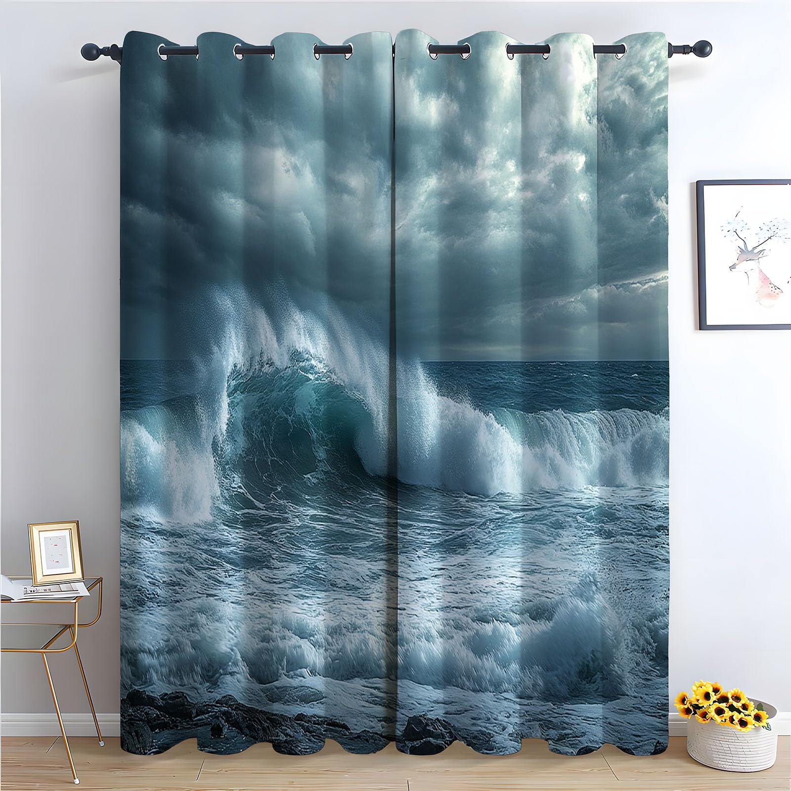WIKEO Floral Curtains for Living Room Modern Ocean Landscape Botanical Blackout Curtain,Thermal Insulated Long Farmhouse Print Decorative Grommet Drapes, 2 Panels-52 W x 84" L (Pack of 2)