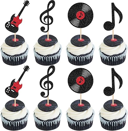 Miniatura 13 de 36 piezas de notas musicales para cupcakes, purpurina negra, símbolo musical retro rock, selecciones de cupcakes, música rock, concierto, tema de