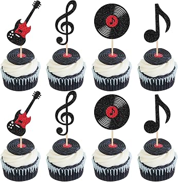 24 PCS Music Notes Cupcake Toppers Glitter Guitar Rock Cupcake Picks Vinyl Record Cake Decorations for Retro Rock and Roll Music Theme Baby Shower Kids Birthday Party Cake Decorations Supplies
