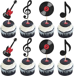 24 PCS Music Notes Cupcake Toppers Glitter Guitar Rock Cupcake Picks Vinyl Record Cake Decorations for Retro Rock and Roll Music Theme Baby Shower Kids Birthday Party Cake Decorations Supplies