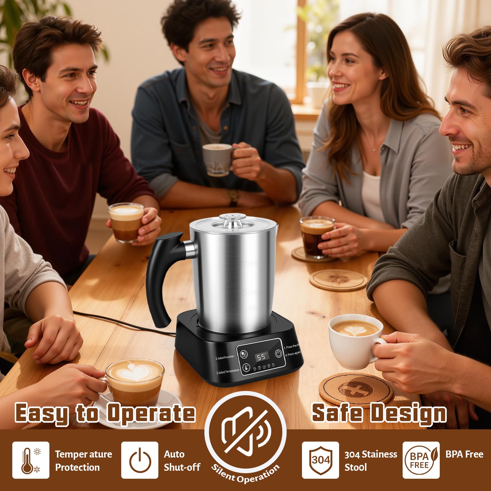 Elektrischer Milchaufschäumer – 5-in-1 Milchschäumer 500ml Edelstahlbehälter, Abnehmbarer & Spülmaschinenfester Milchbehälter, Temperaturkontrolle, Für Heiße & Kalte Milch, Cappuccino, Latte