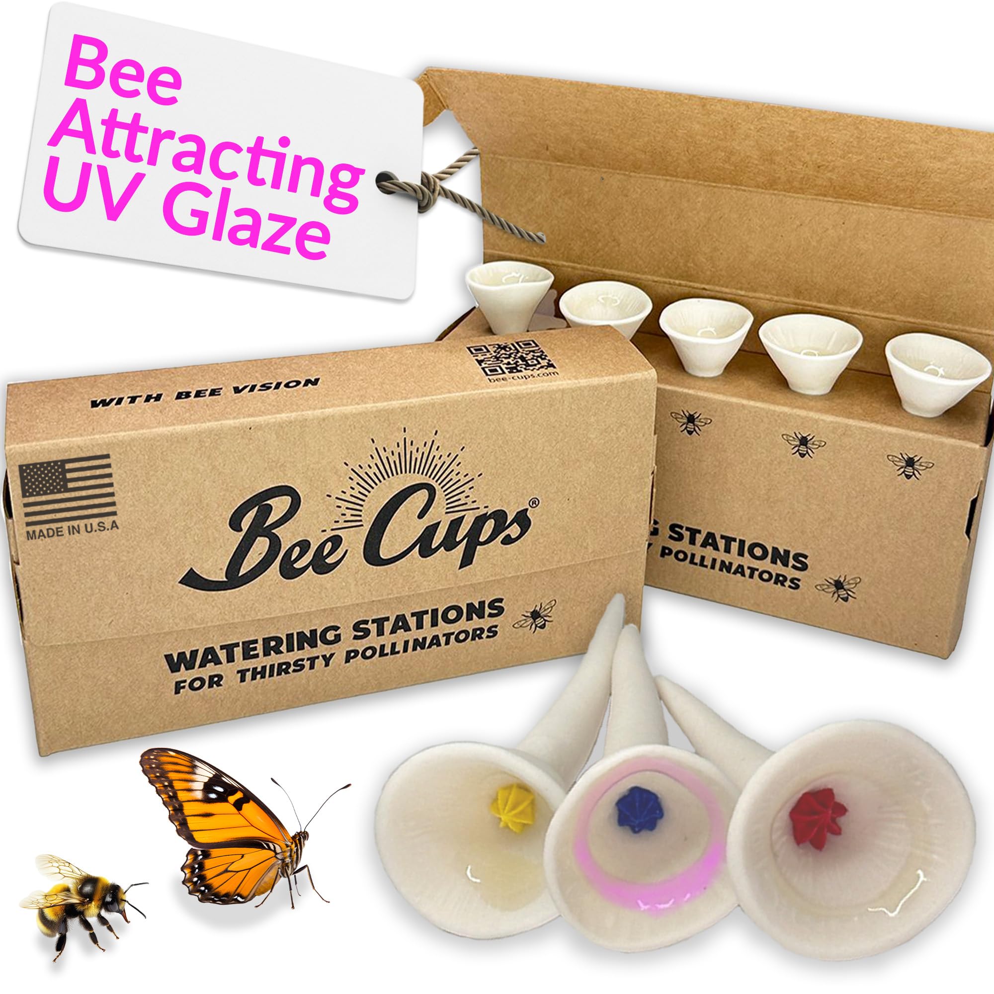 5 Pack, Bee Watering Station, 100% Handmade Porcelain, Bee and Butterfly Feeder for Garden, Outdoor Feeders for Thirsty Pollinators, Plastic Free, Pollinator Attracting Glaze (5, White)