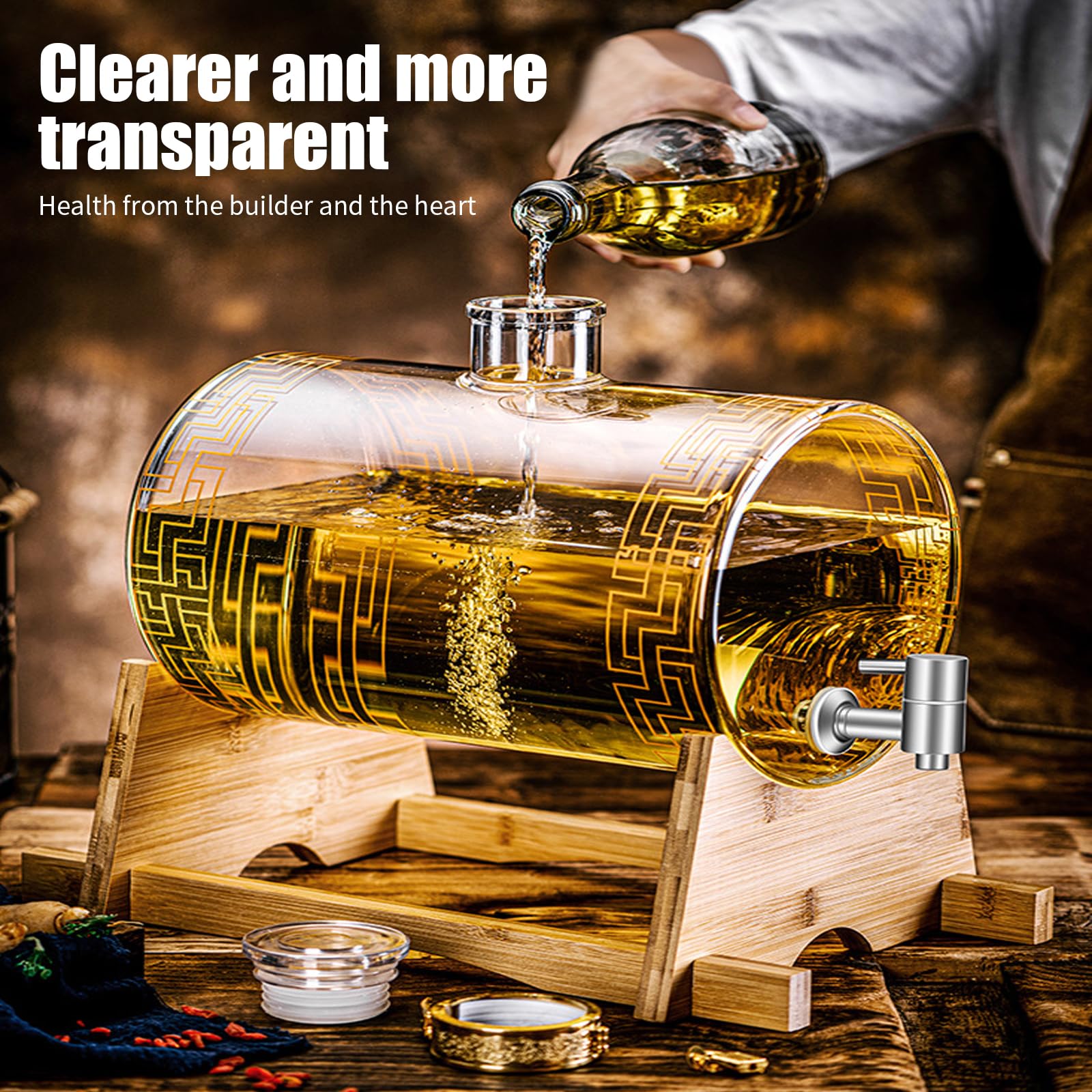 Glas Weinfass mit Hahn, Whisky Dekanter Set mit Ständer, Fassförmiger Getränkespender aus Glas 3-5L, Liquor Dispenser, Glaskaraffe Spender, Ausgießer, Spender für Whisky, Brandy, Säfte, Limonade (E)