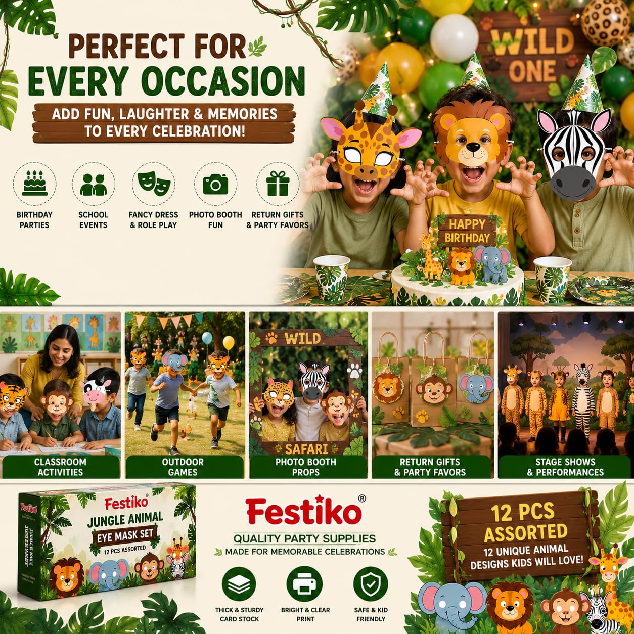 Festiko® Jungle Animal Eye Masks for Jungle Safari Theme Birthday Party Decoration, 12 Pcs Animal Face Masks with Elastic Band, 7 x 5.5 Inch, Kids Party Favors & Photo Booth Props 2
