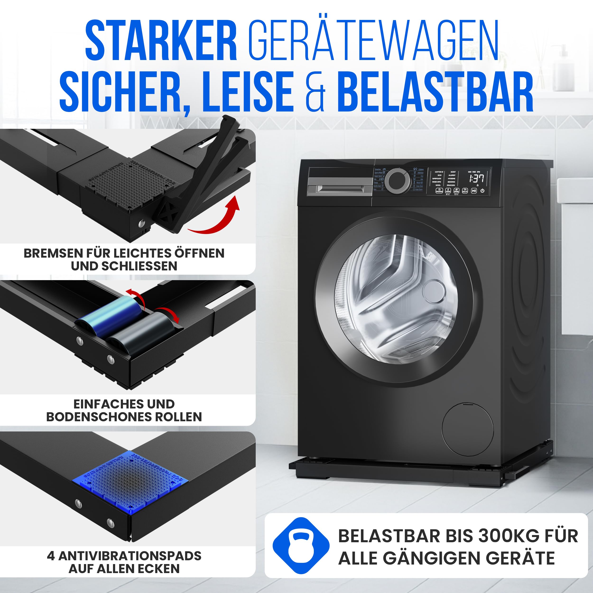 Waschmaschinen Untergestell mit Rollen & Bremse – verstellbar 37–67 cm – 300 kg Traglast – Transportroller mit Vibrationsdämpfung für Waschmaschine, Trockner & Kühlschrank