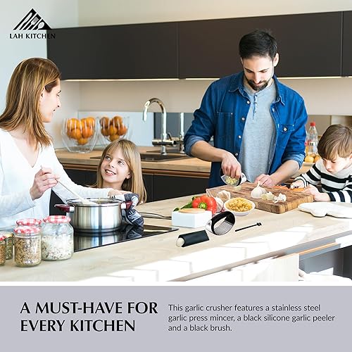 Miniatura 6 de Juego de picadora y trituradora de ajo de acero inoxidable con bolsa de cordón adicional, incluye trituradora de ajo, pelador de ajo de silicona y