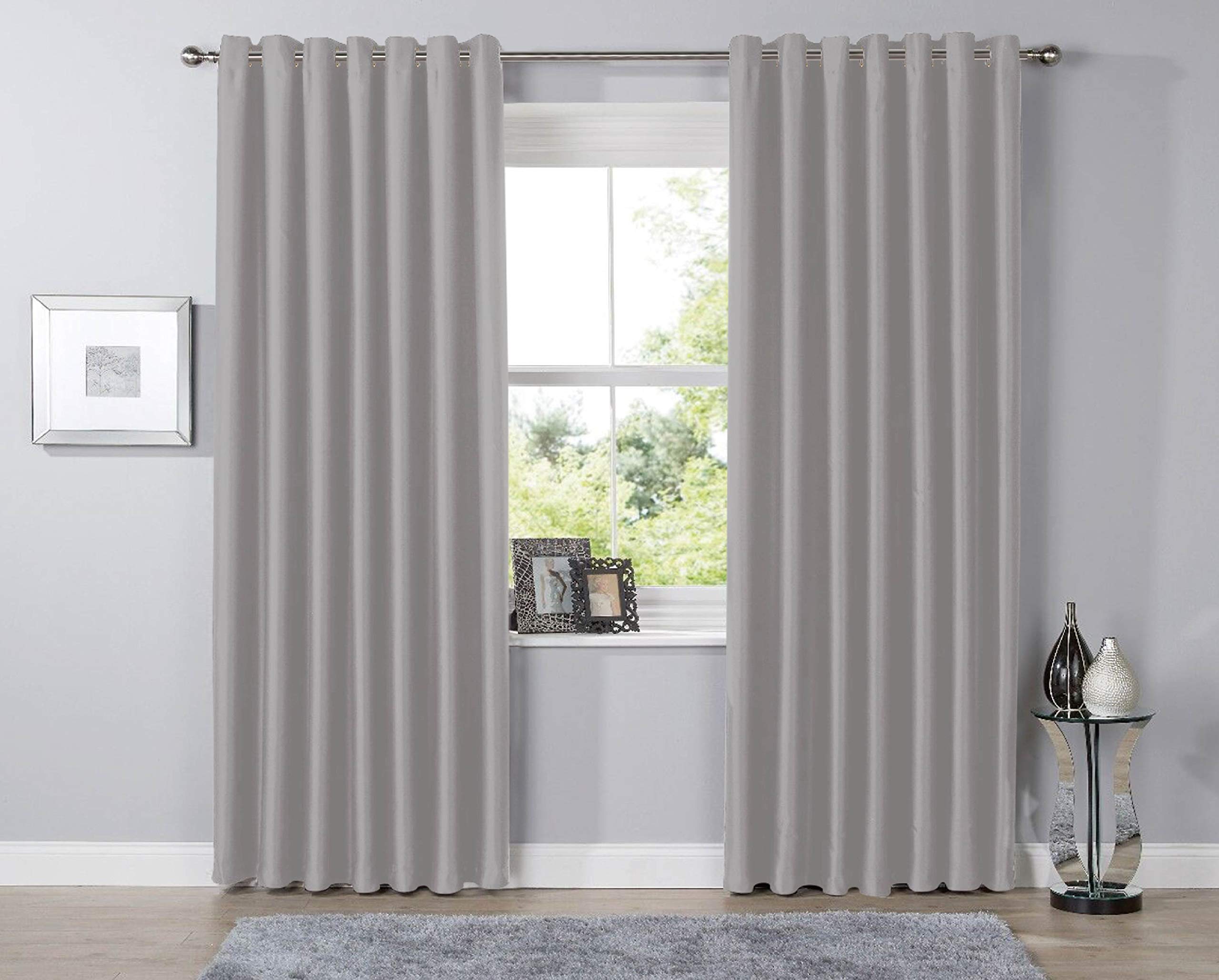 Blackout Eyelet Curtain Pair Thermal Insulated Ring Top Bed Living Room Window 66" (Width) x 90" (Drop), Silver