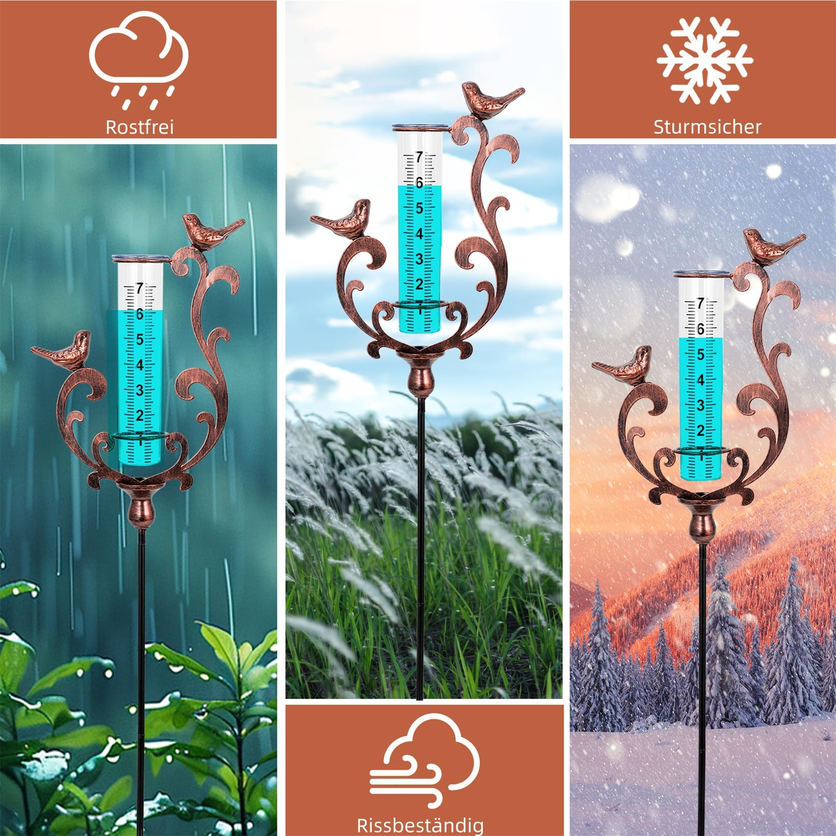 pearlstar Pluviomètre colibri résistant au gel, pluviomètre avec piquet et tube en plastique, pluviomètre pour jardin, pelouse, terrasse, cadeau pour les amateurs de jardin