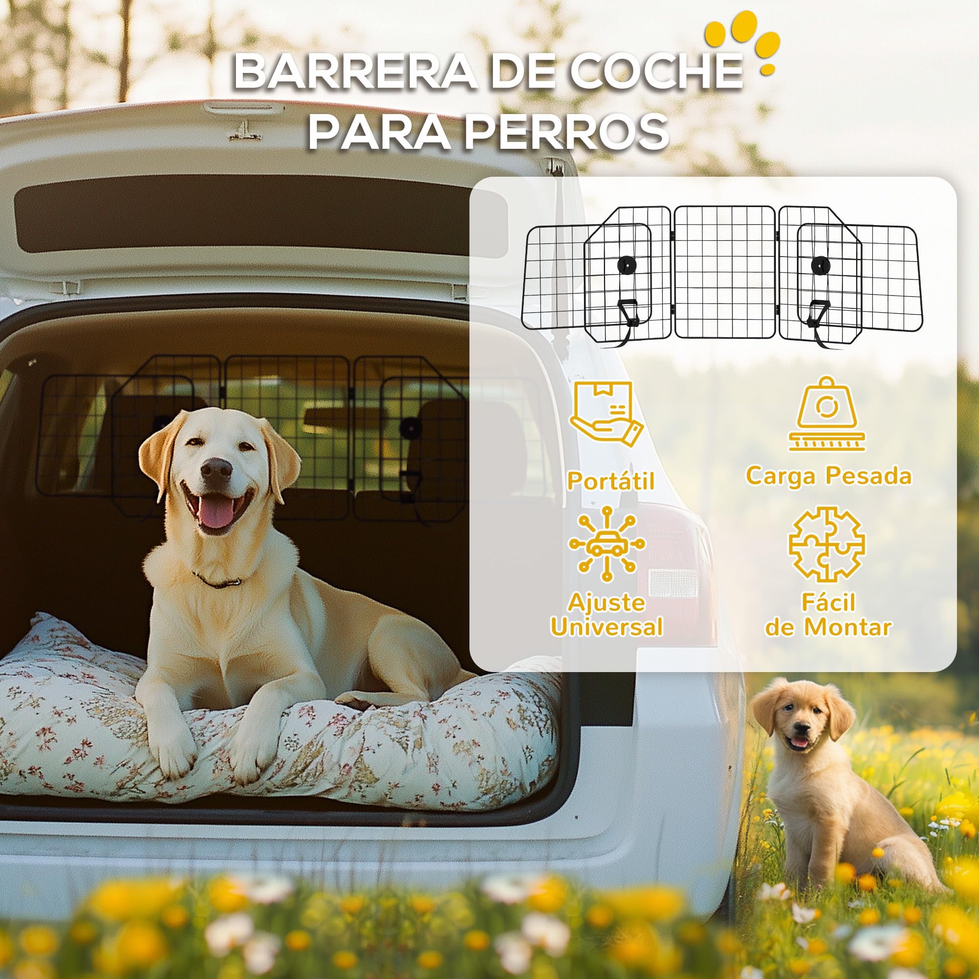PawHut Barrera Protectora de Coche para Perros Reja 93-150x42 cm Negro | Plegable, Rejilla para Perros de Coche, Anchura Ajustable, Acero