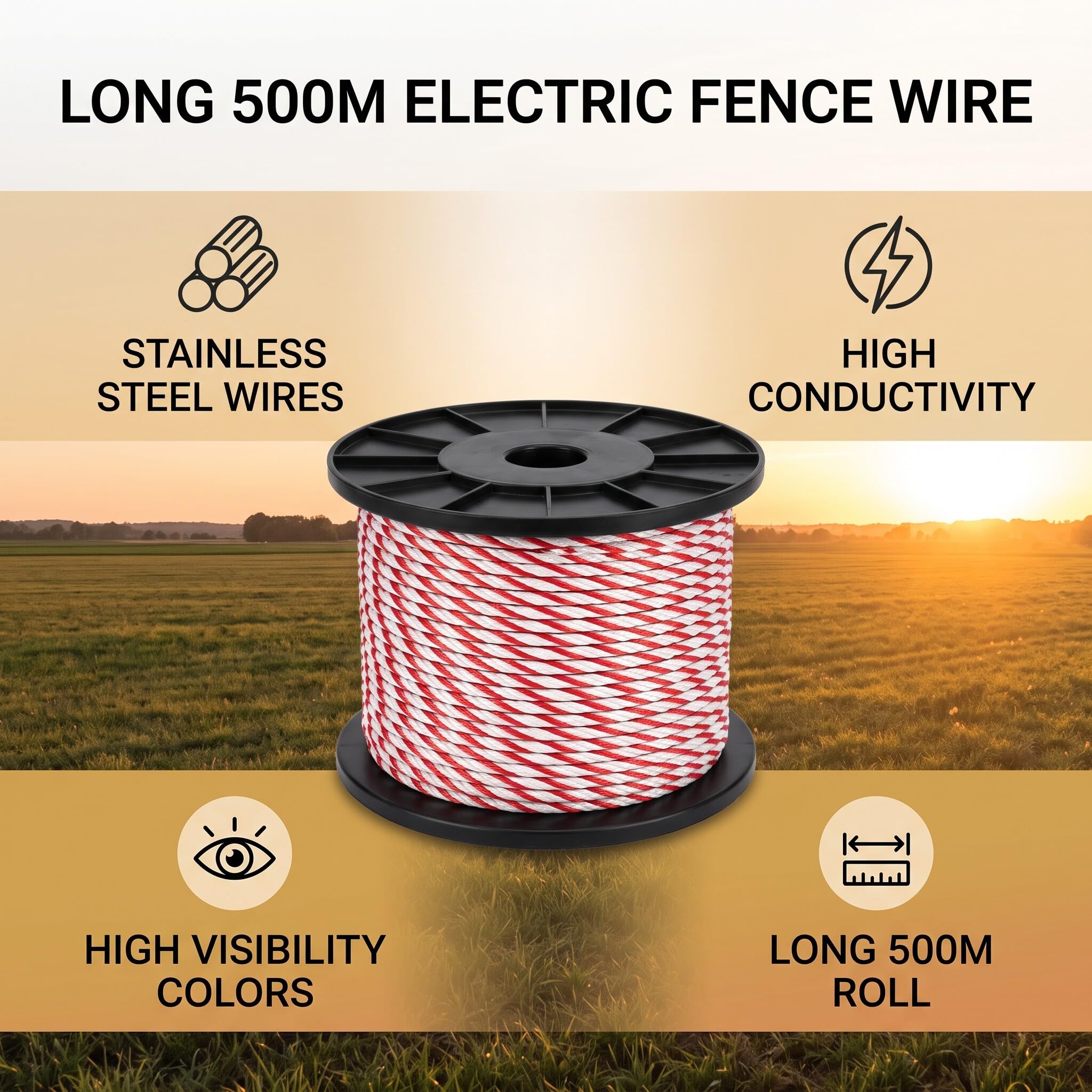 Zerodis Filo per Recinzione Elettrica in Acciaio Inossidabile 500 M Corda Conduttiva Rossa Bianca Ad Alta visibilità per la Sicurezza del Bestiame Ideale per Bovini Capre Pecore