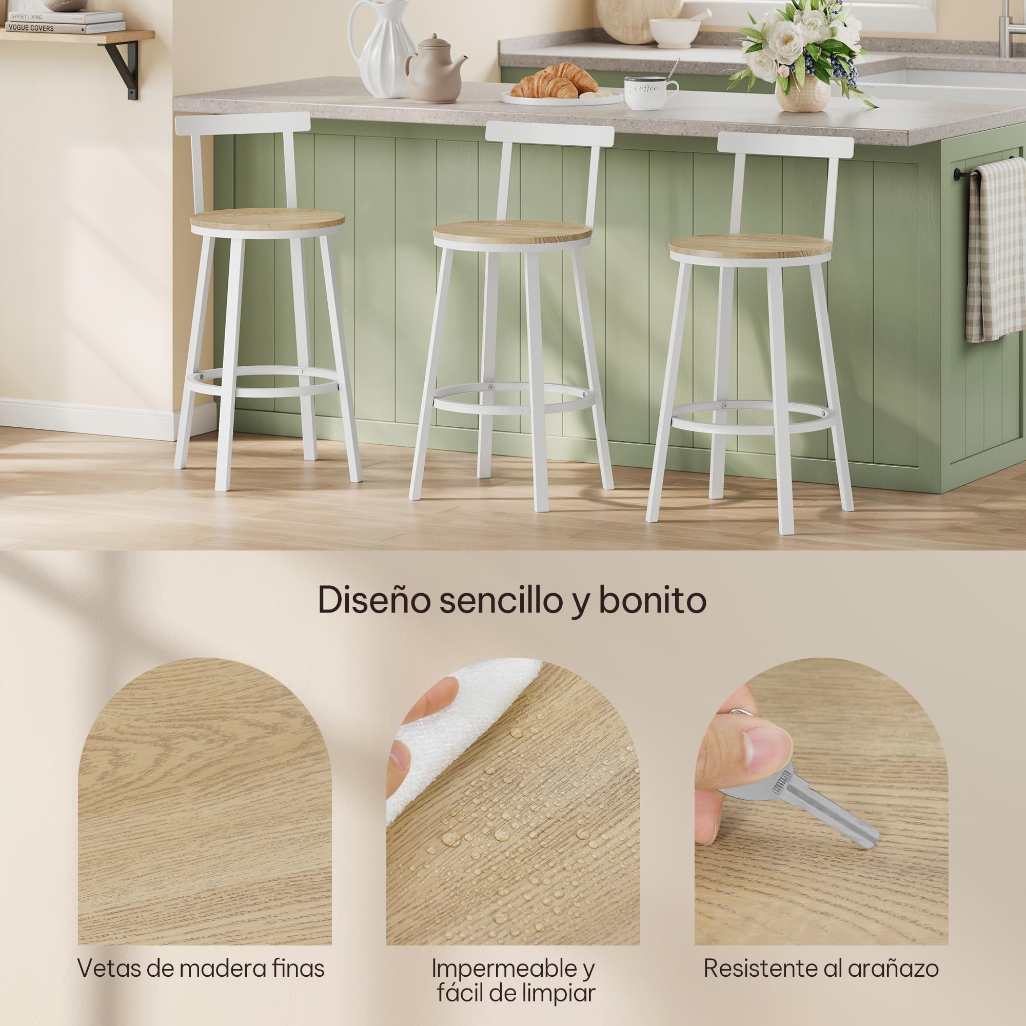 WOLTU Taburetes Bar Juego de 2, Taburetes Altos Cocina con Respaldo Bajo y Reposapiés, para Comedor, Cafeteria, Barra Cocina, Roble Claro