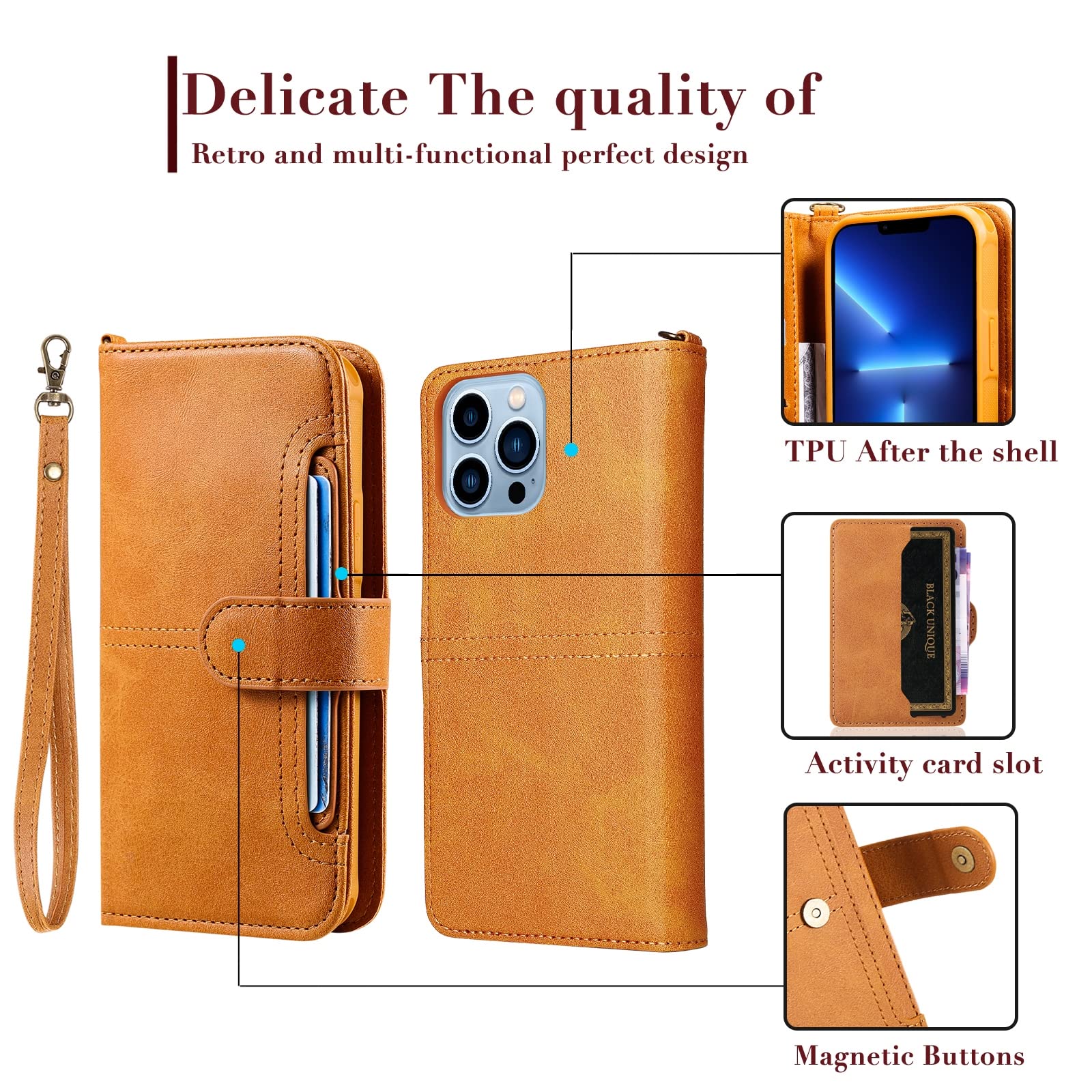 Cover per iPhone 13 PRO Max/13 Pro/13/13 Mini, Custodia Protettiva Staccabile, Custodia in Pelle per Portafoglio o Cover Posteriore Sottile,Blu,13 6.1''