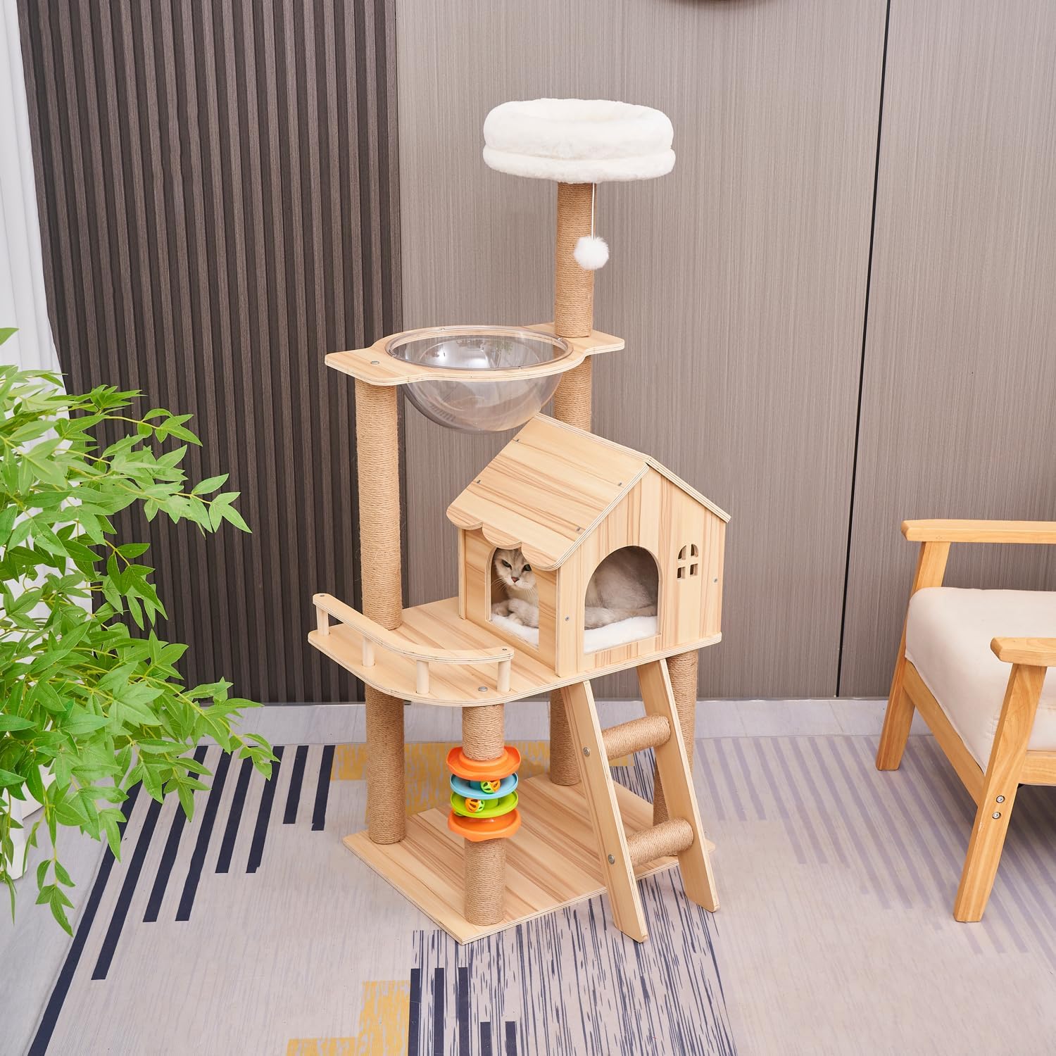 Cat Tree, Wood Cat Tree Tower for Indoor Cats, 47.3" Modern Cat Tower with Sisal-Covered Scratching Posts and Top Perch，Cat Condo with Acrylic Hammock for Small Large Cats