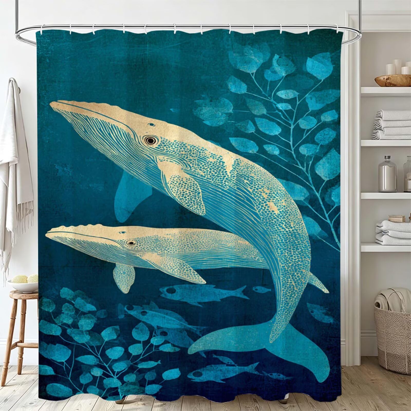 Rideau Douche Turquoise 230x180cm Rideau de Douche baleine Shower Curtain–Impression Polyester Tissu–avec œillets et 12 Crochets–Tissu Lavable en Machine–Imperméable–pour Salle de Bain–Hôtel J-1012