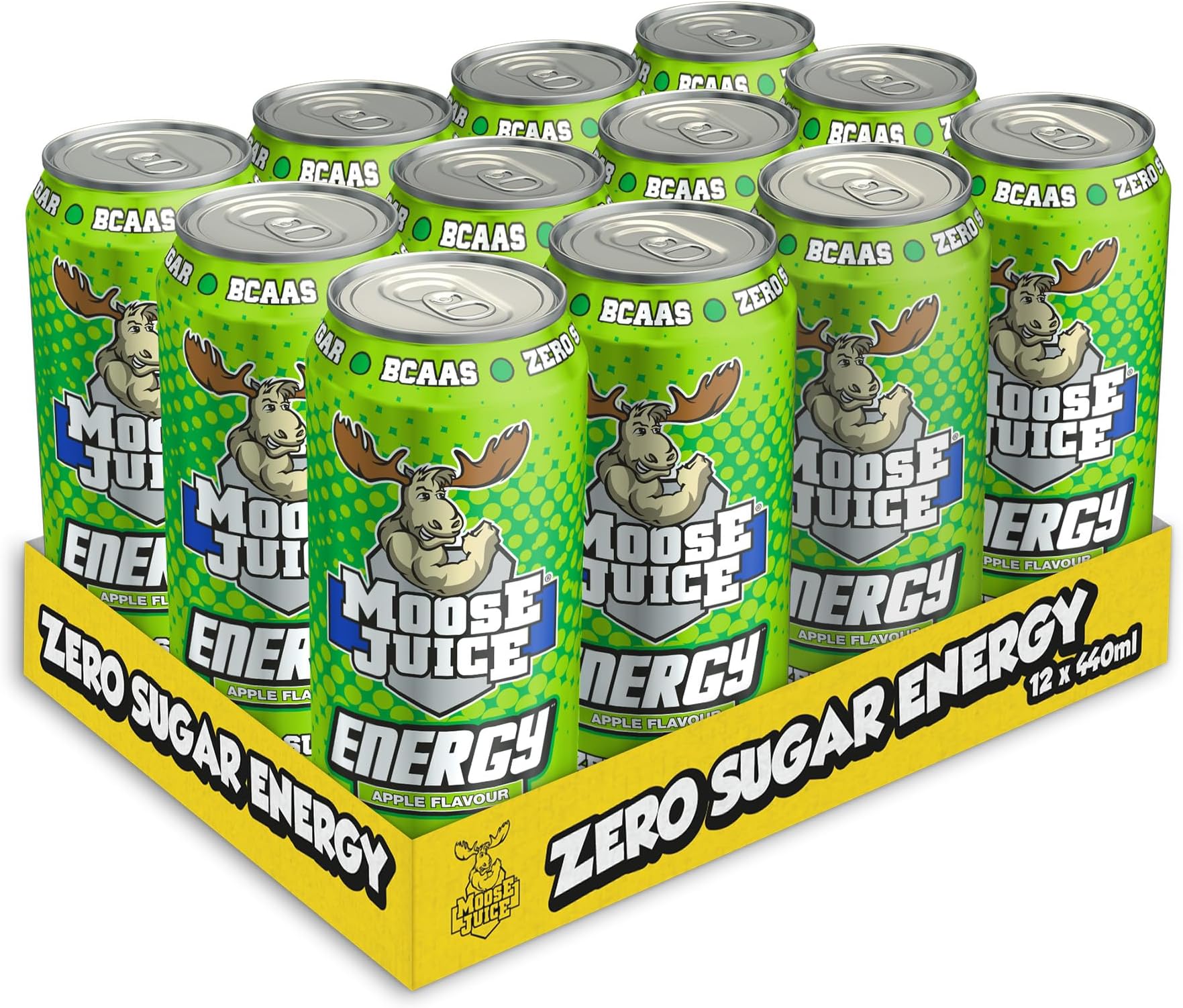 Moose Juice Zero Sugar Energy Drink, Green Apple, 12 x 440 ml