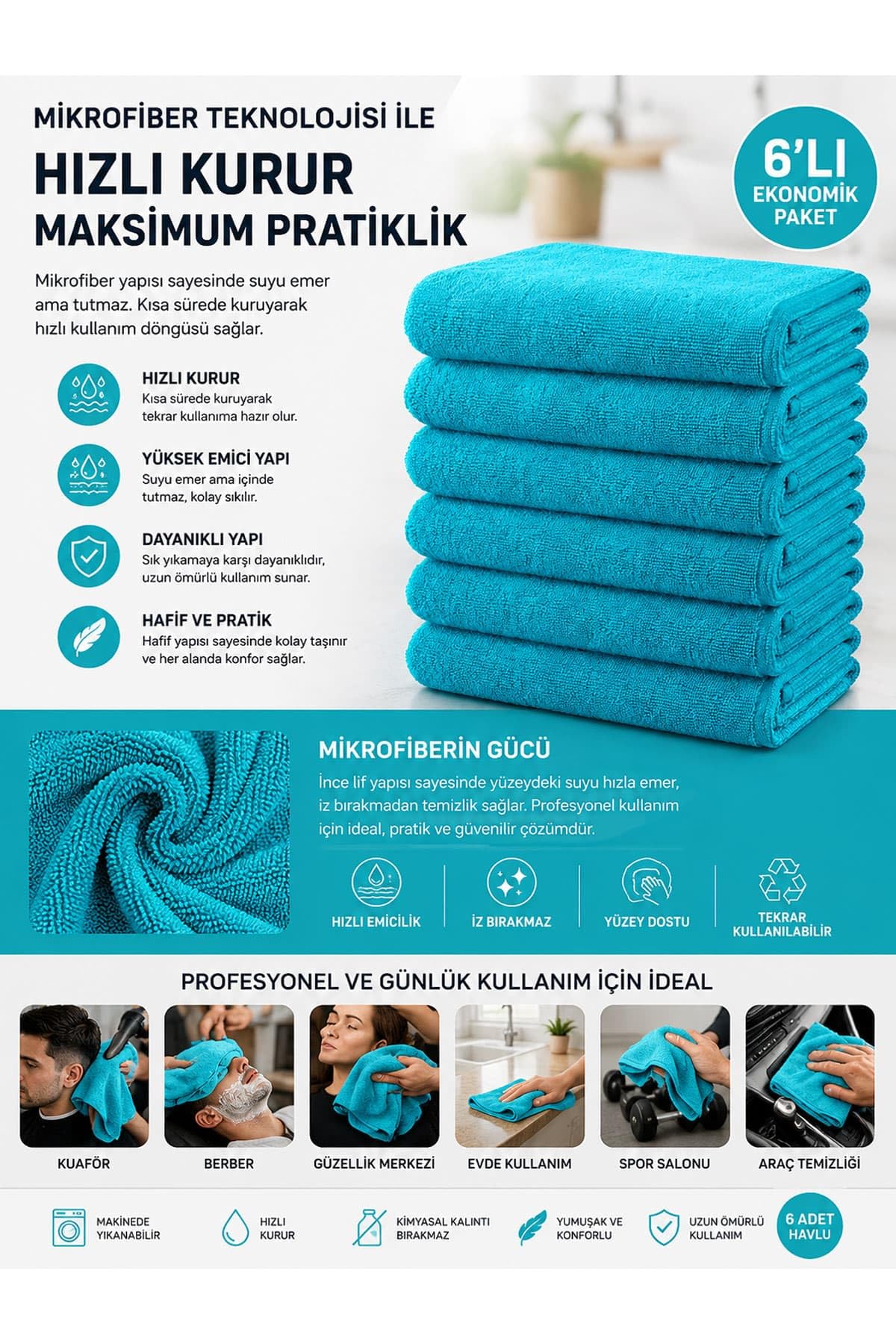 6'lı Paket Mikrofiber Kuaför Saç Havlusu Boya Tutmayan 50x90 Cm