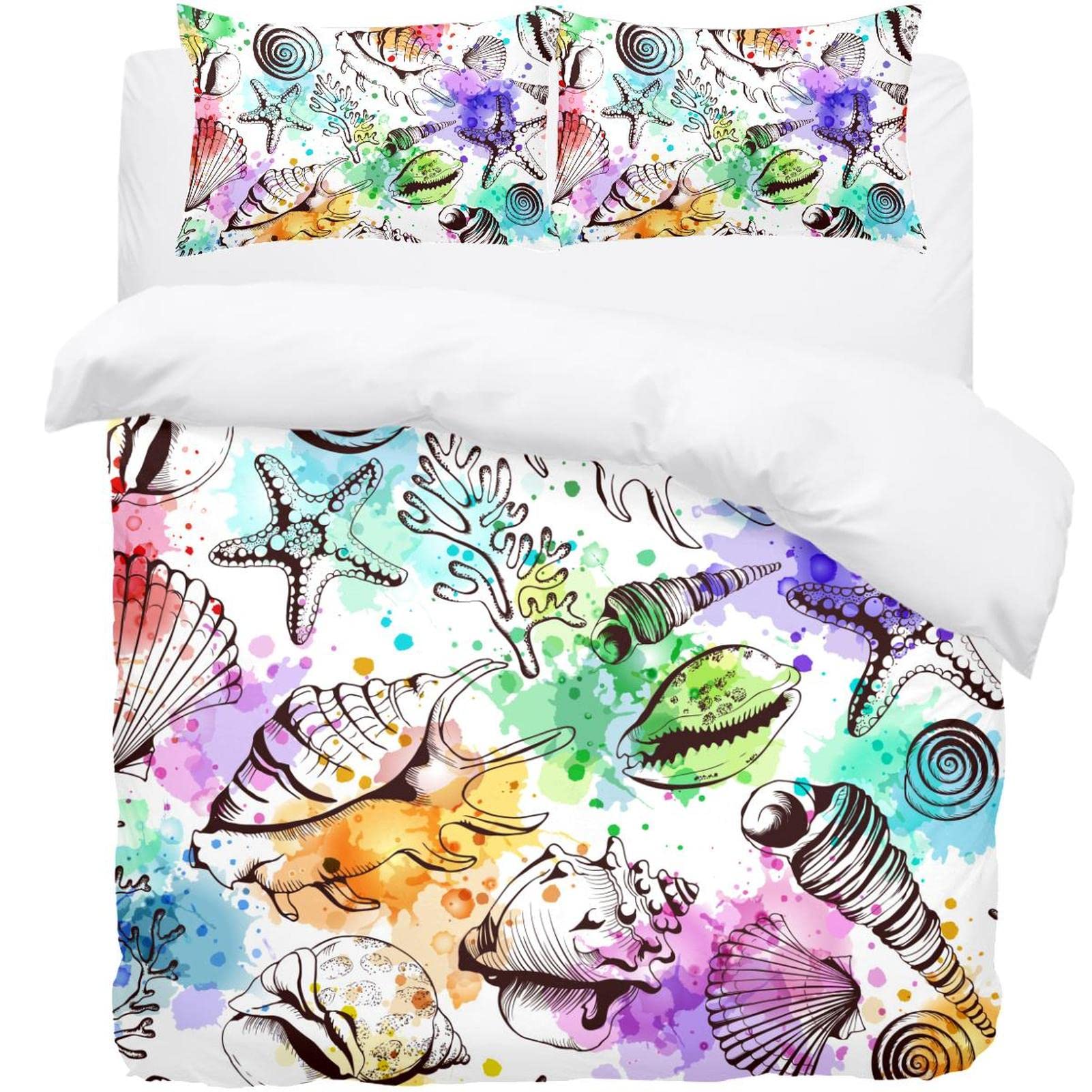 Parure de lit motif coquillages colorés housse de couette et taies