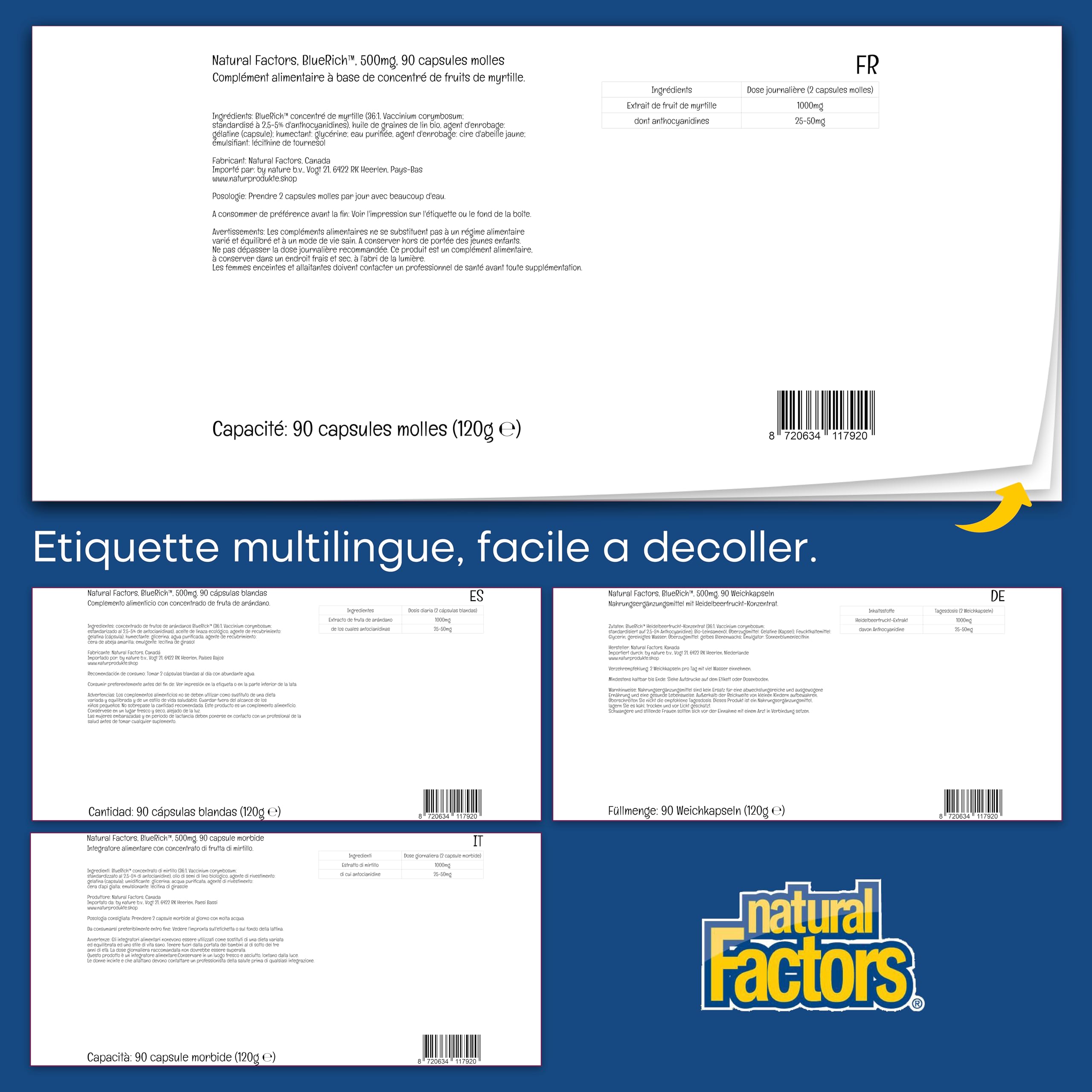 Natural Factors, Super Strength Blueberry Concentrate (Extrait de Myrtille), 500mg, Hautement Dosé, 90 Capsules molles, Sans Soja, Sans Gluten, Sans OGM