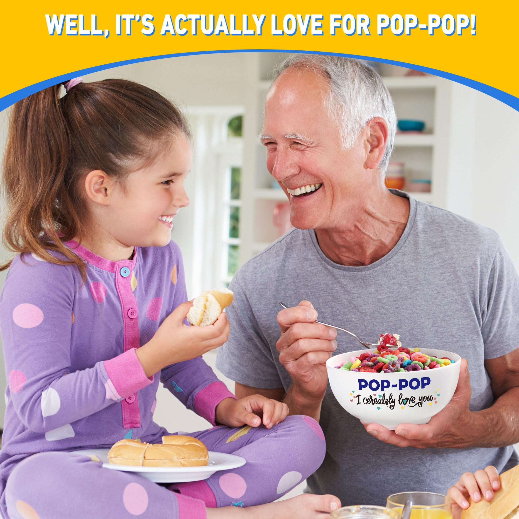 Pop-Pop Gifts for Fathers Day, Funny Pop Pop Gifts for Grandpa Birthday from Grandkids Granddaughter, Ceramic Cereal Bowl Presents, POP-POP I Cerealsly Love You