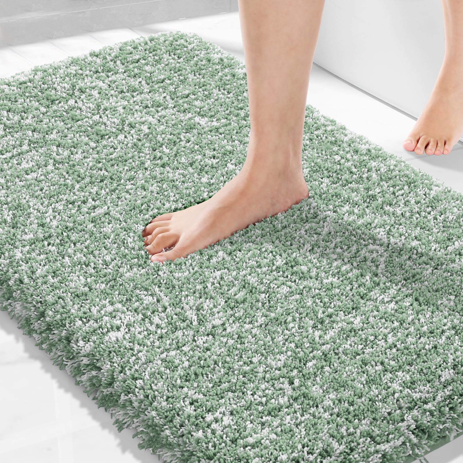 Yimobra Luxury Bathroom Rugs, Fluffy Bath Mats, Non Slip, Water Absorbent Microfiber, Machine Washable, Shaggy Soft Shower Rugs, Thick Matts for Bathroom Floor&Tub, 36"x 24", Light Green and White