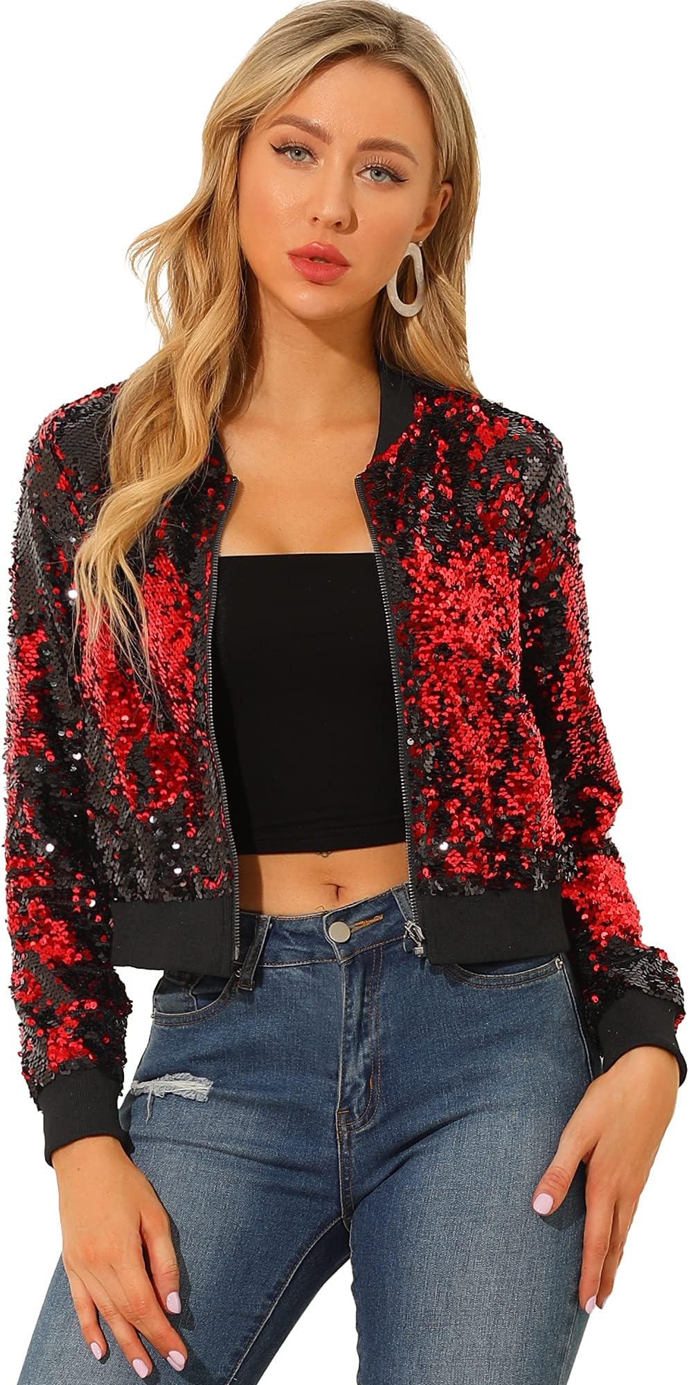 Women Sequin Bomber Jackets Halloween Sparkly Long Sleeve Zip Front Shiny Cropped Jacket Glitter Party Disco Outfit