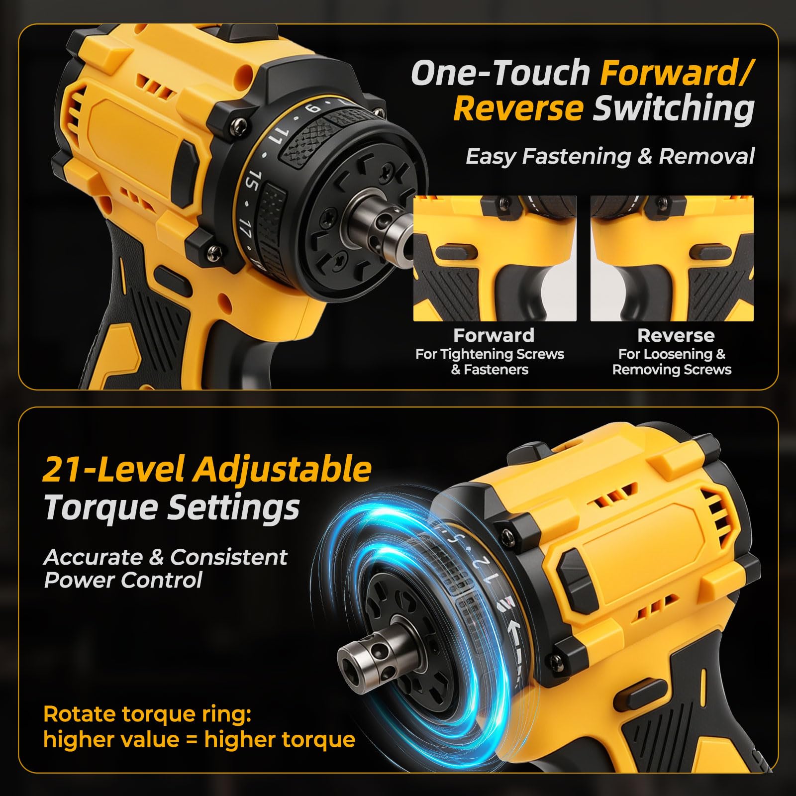Wiertarko-wkrętarka akumulatorowa 4 w 1, kompatybilna z akumulatorem 20 V DEWALT, wkrętarka elektryczna 21 V-50 Nm, z 4 wymiennymi uchwytami szybkomocującymi i 21 ustawieniami momentu obrotowego (bez
